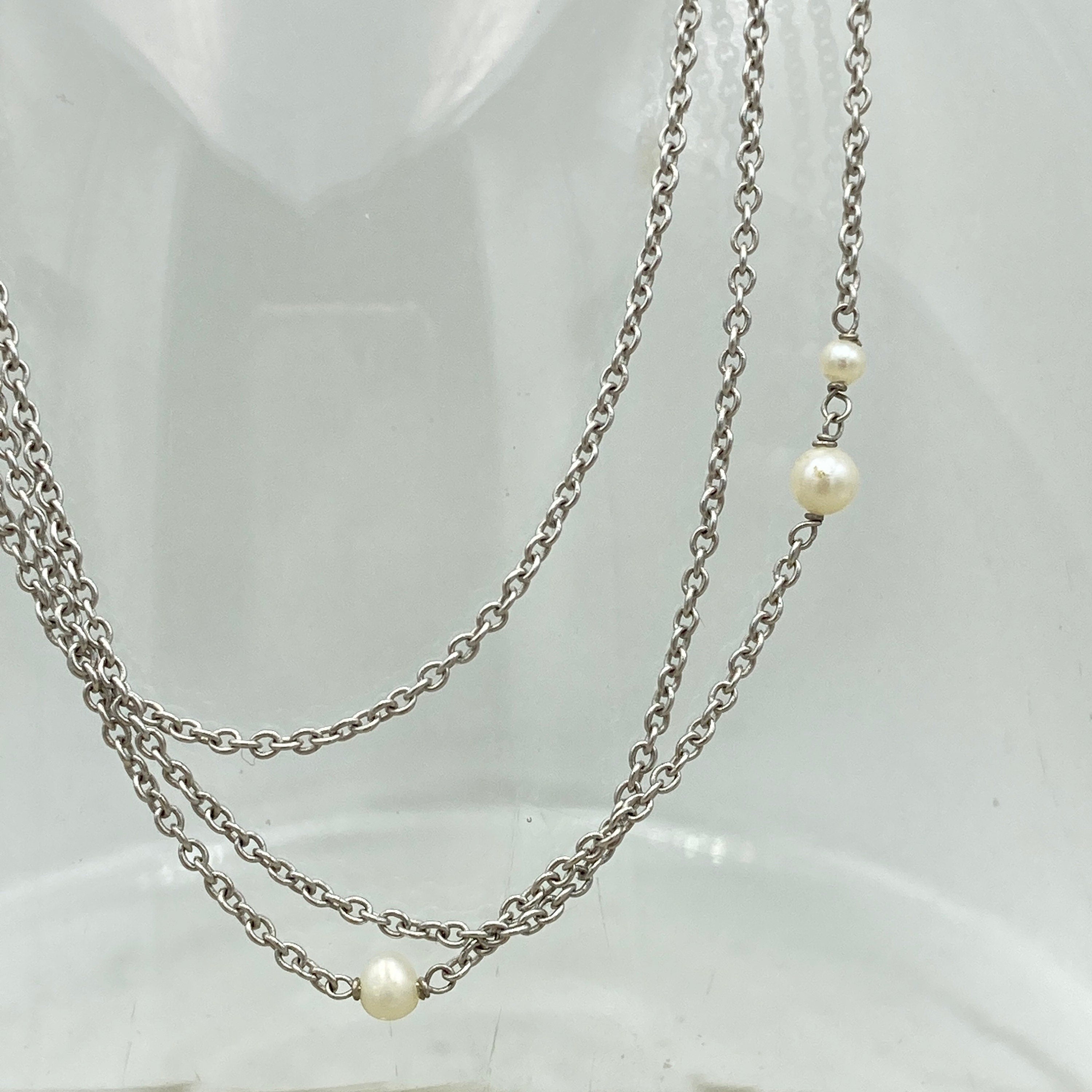 Original Art Deco,  long Platinum and cultured pearl spacer chain necklace