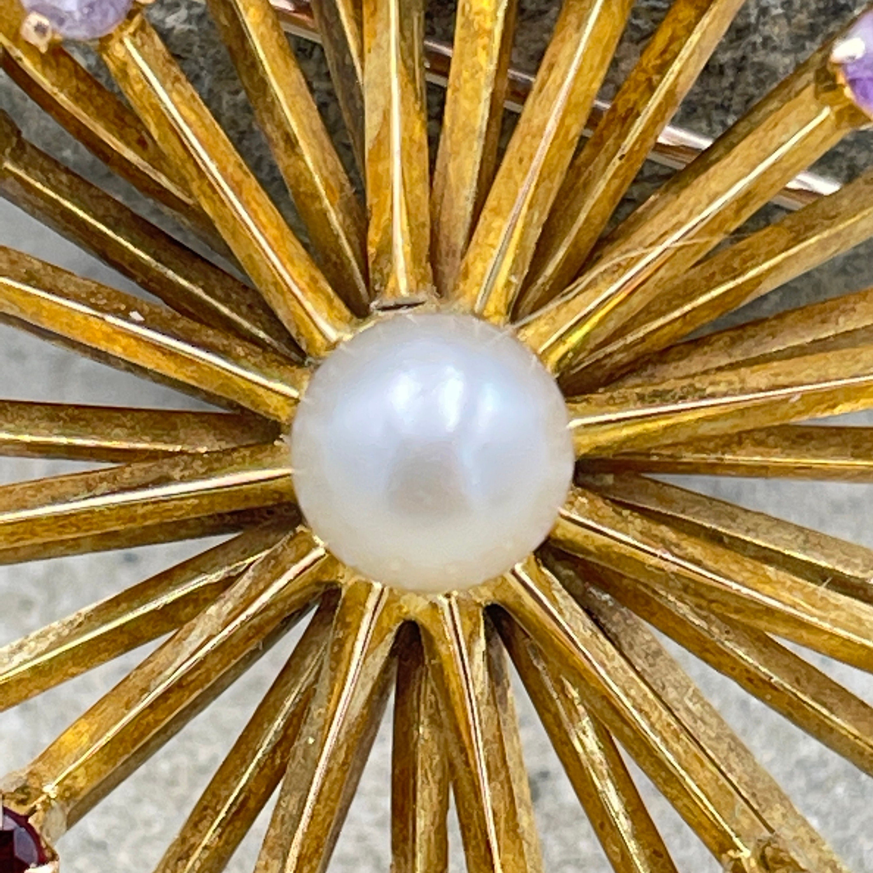 Vintage 1960s, 9ct Gold, multi gem & cultured Pearl starburst brooch