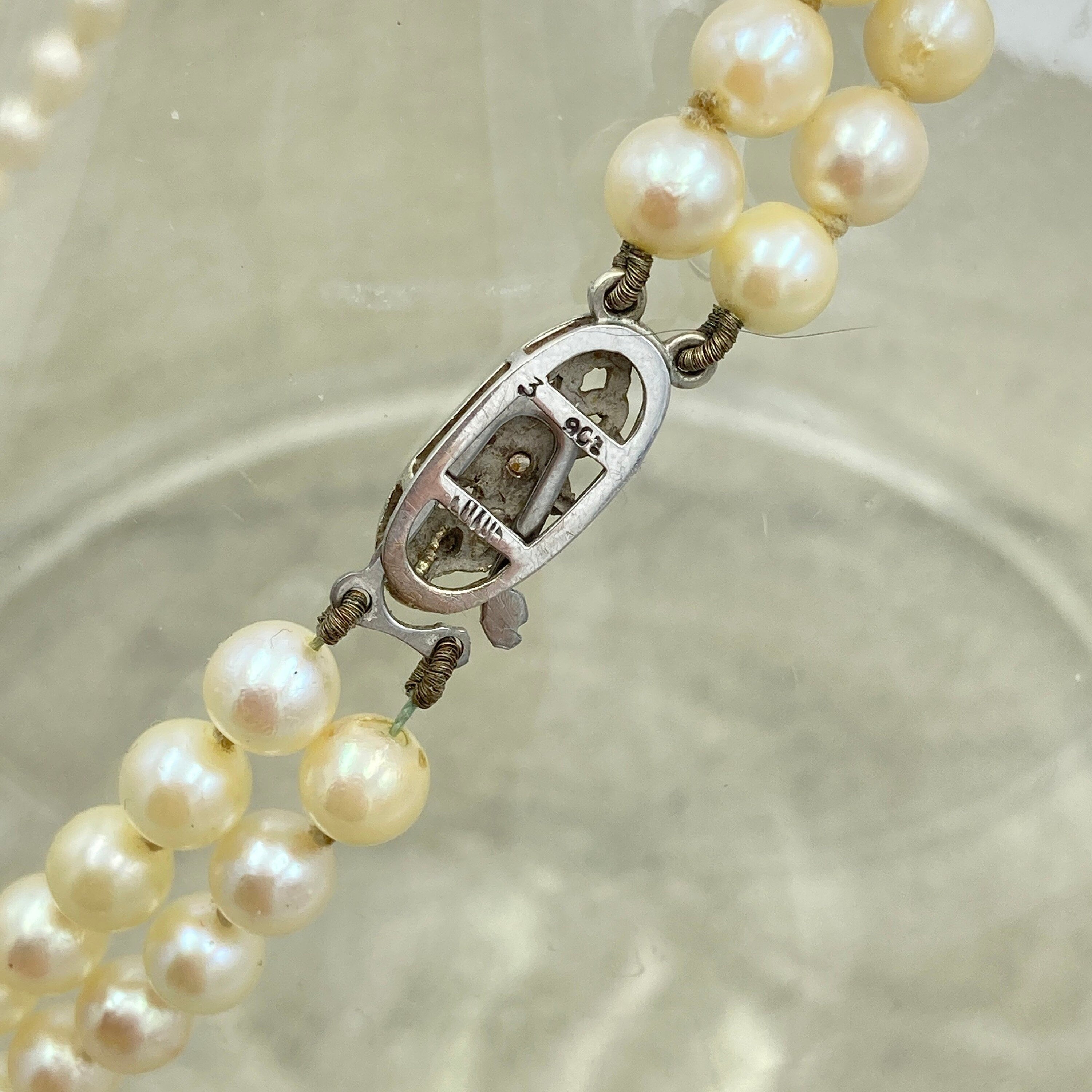 Vintage Double string hand knotted cultured pearls , 9ct white gold & diamond chip clasp, c1920s/30s