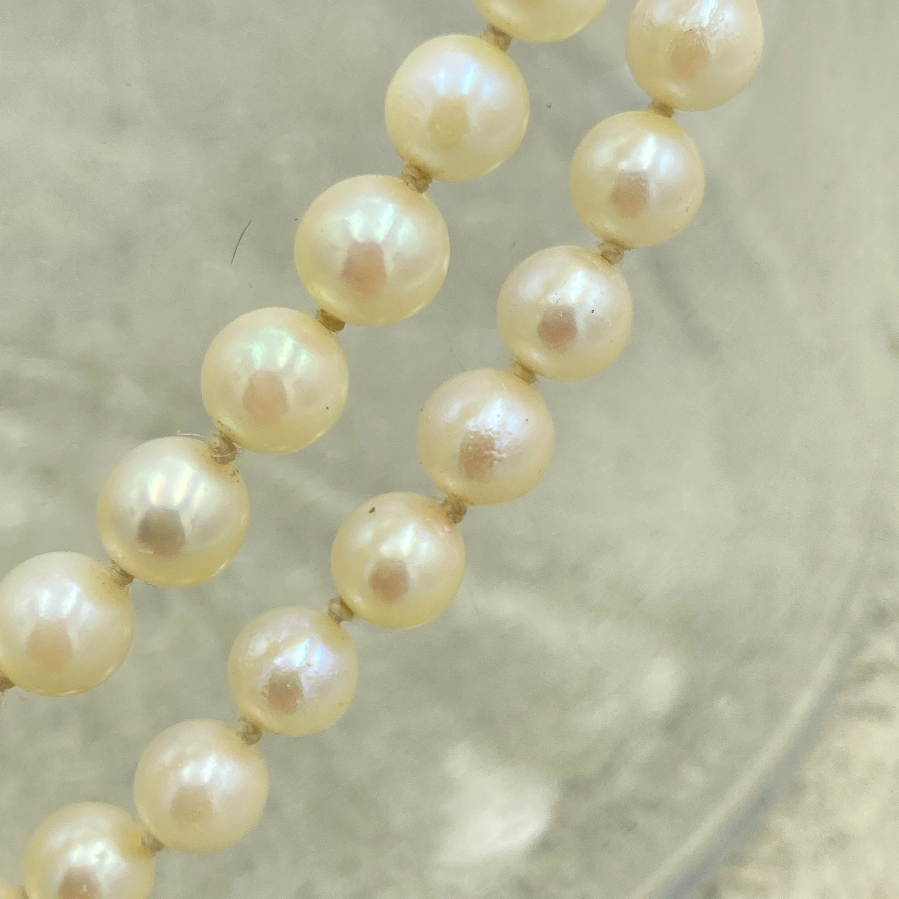 Vintage Double string hand knotted cultured pearls , 9ct white gold & diamond chip clasp, c1920s/30s