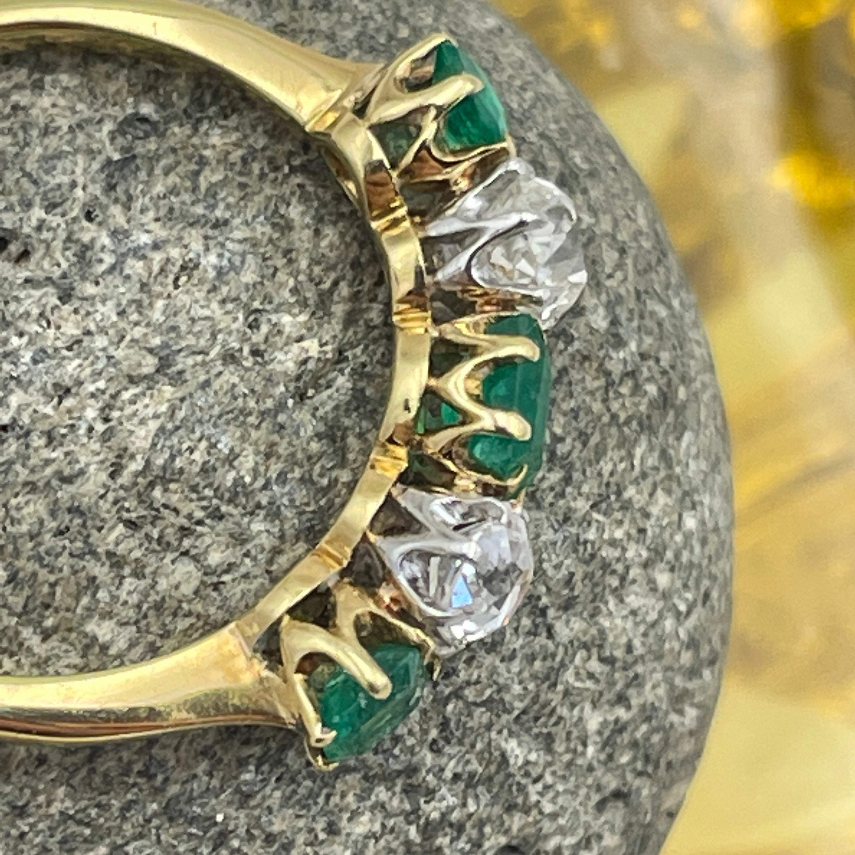 Edwardian 18ct Gold, old mine cut Diamond & Emerald five stone ring