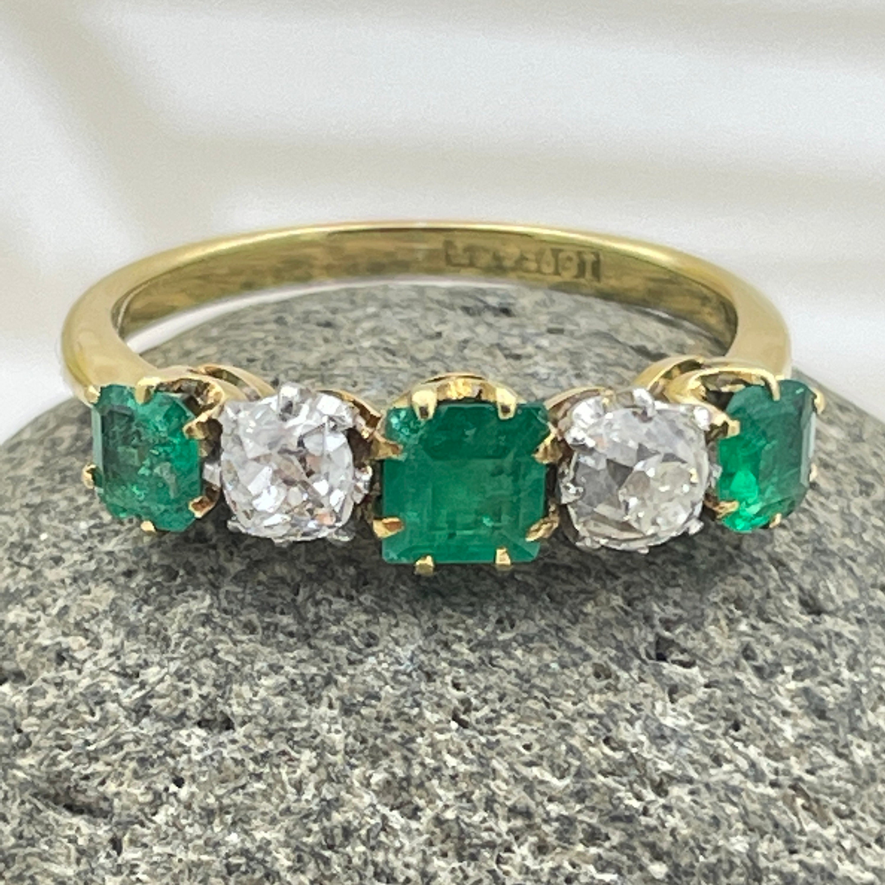 Edwardian 18ct Gold, old mine cut Diamond & Emerald five stone ring