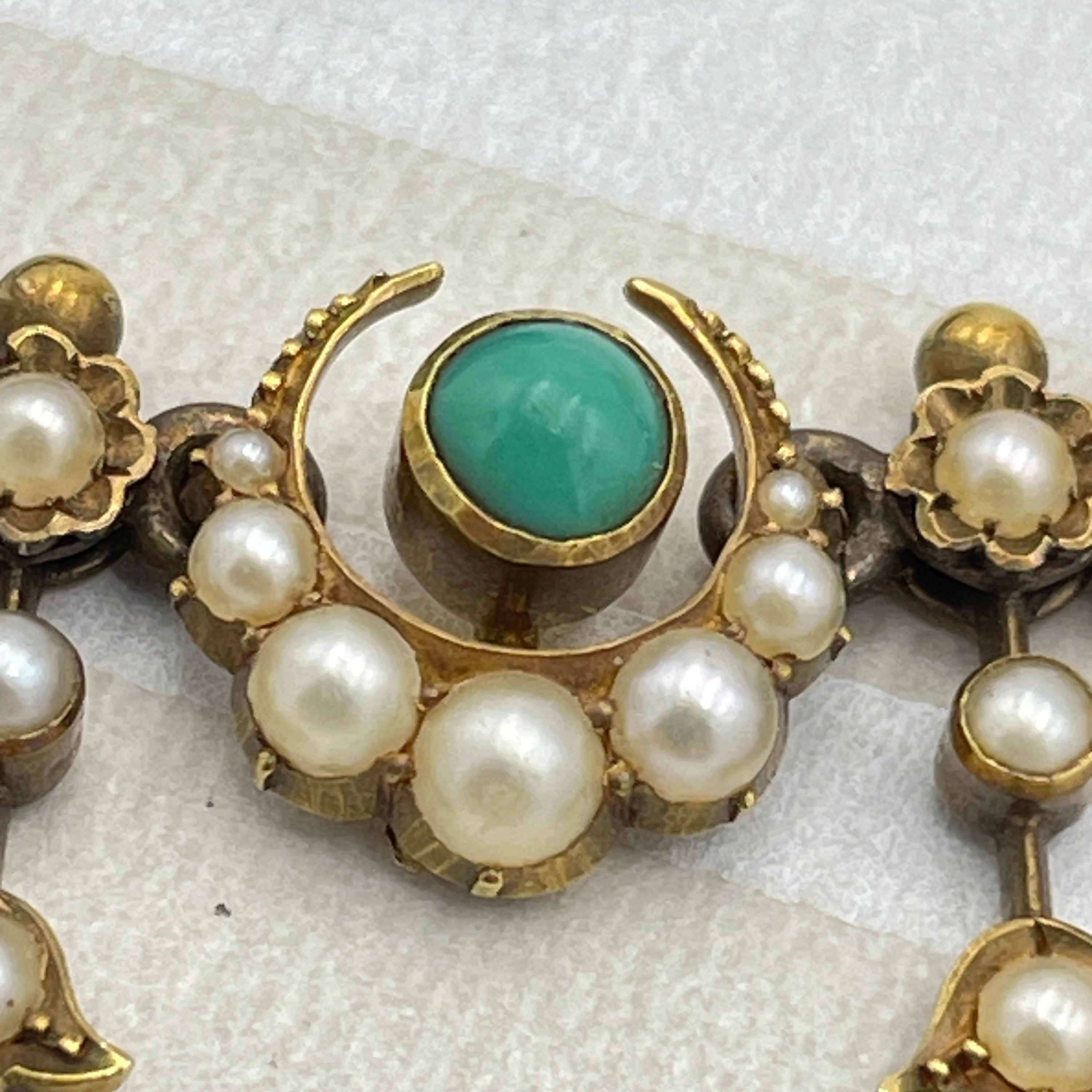 Victorian 15ct Gold, split Pearl & Turquoise crescent moon necklace
