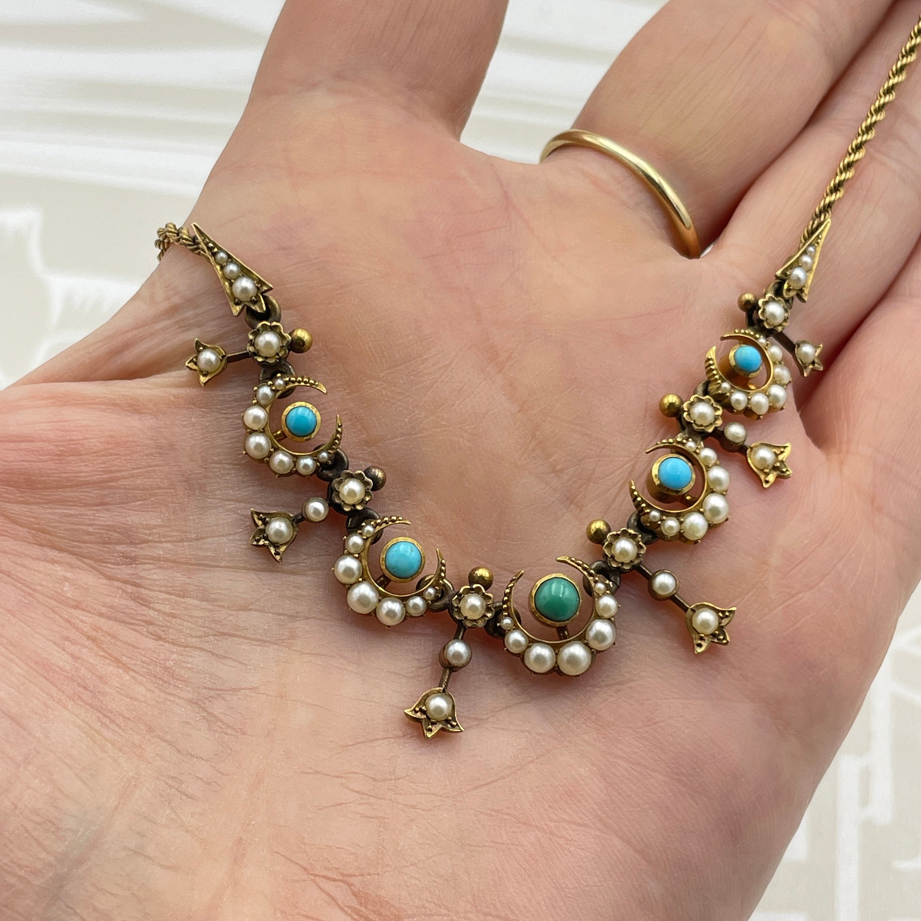 Victorian 15ct Gold, split Pearl & Turquoise crescent moon necklace
