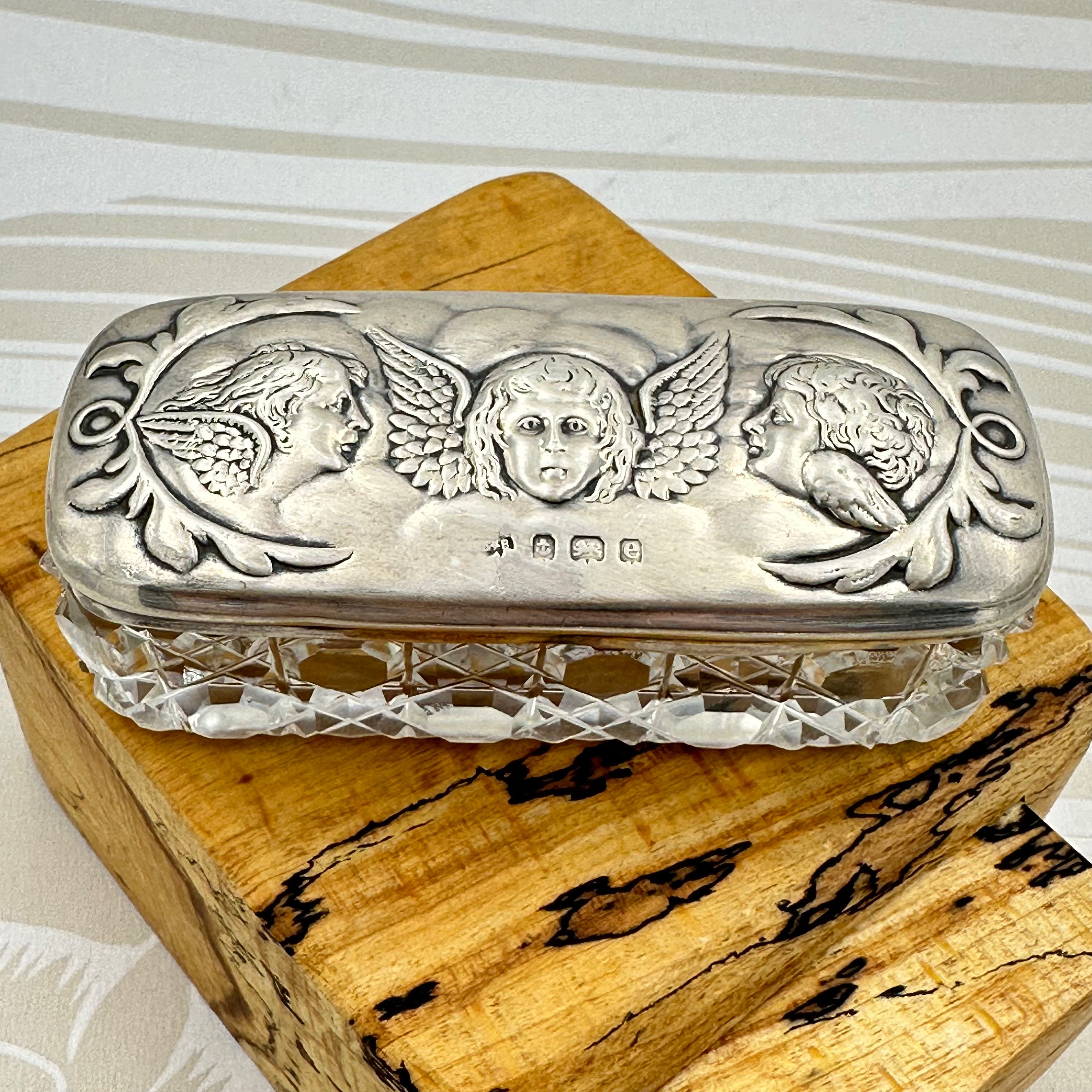 Edwardian, Sterling Silver & hand cut Glass, cherubs trinket box