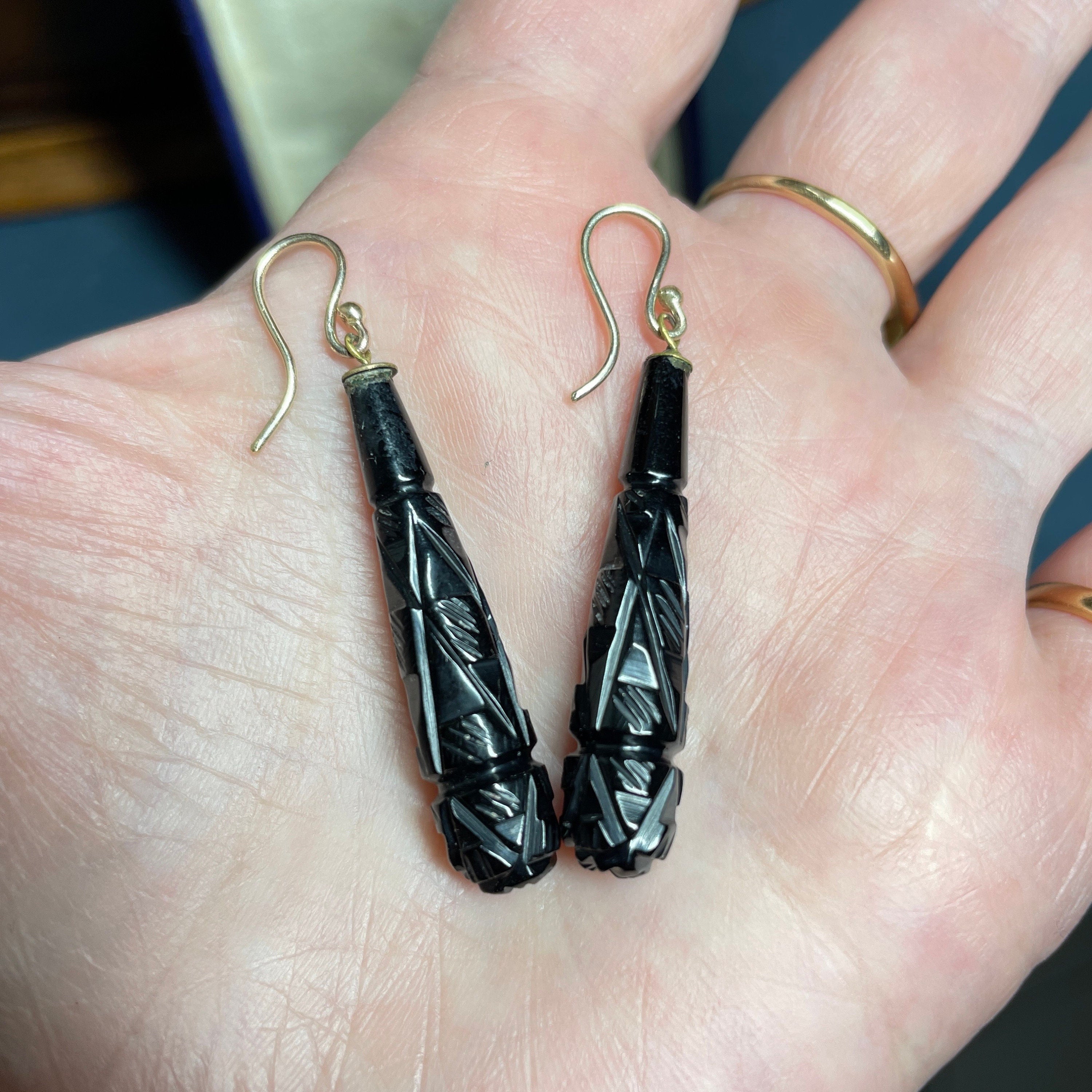 Victorian carved whitby jet torpedo drop earrings with 9ct gold hooks
