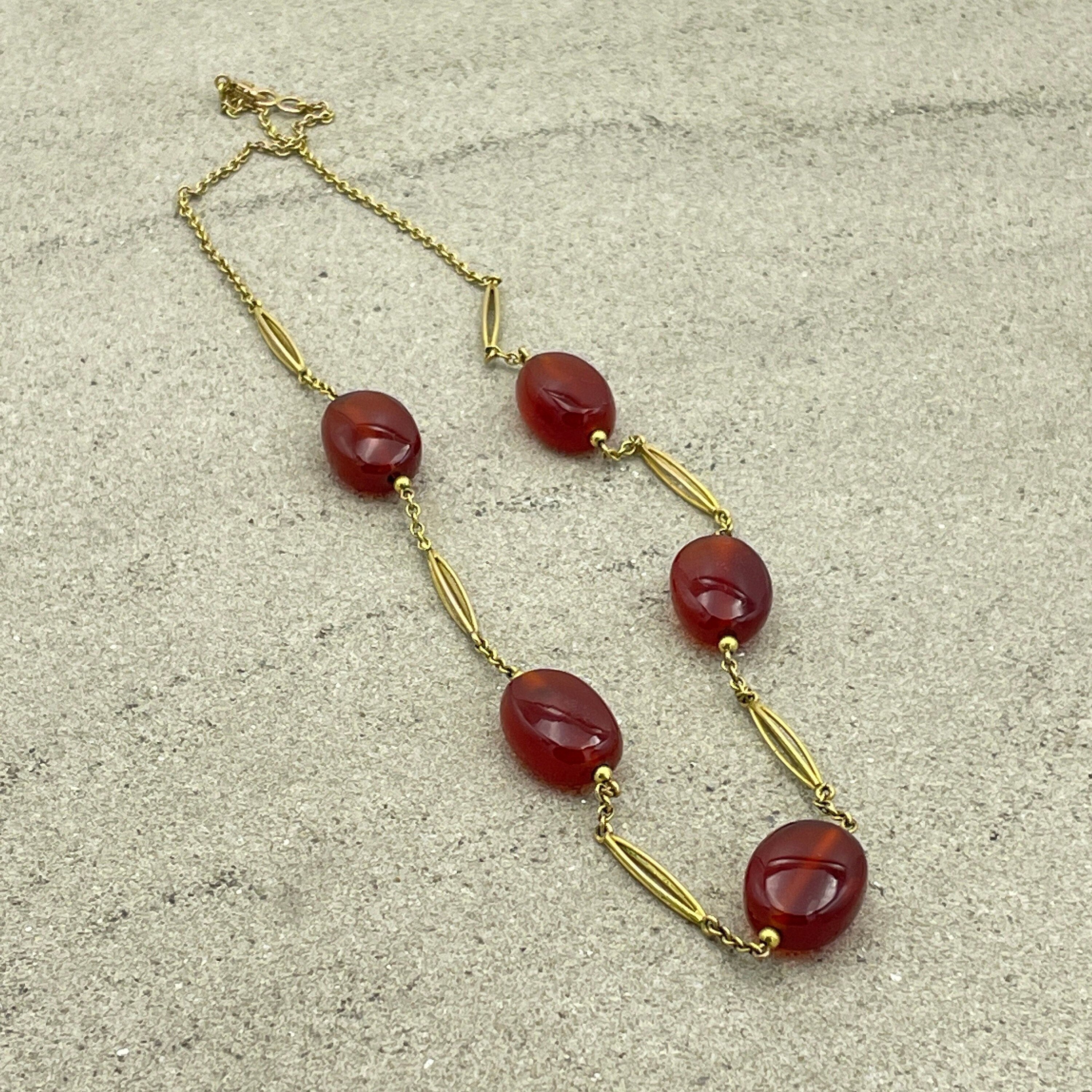 Art deco 9ct gold & carnelian beaded chain necklace c1920s