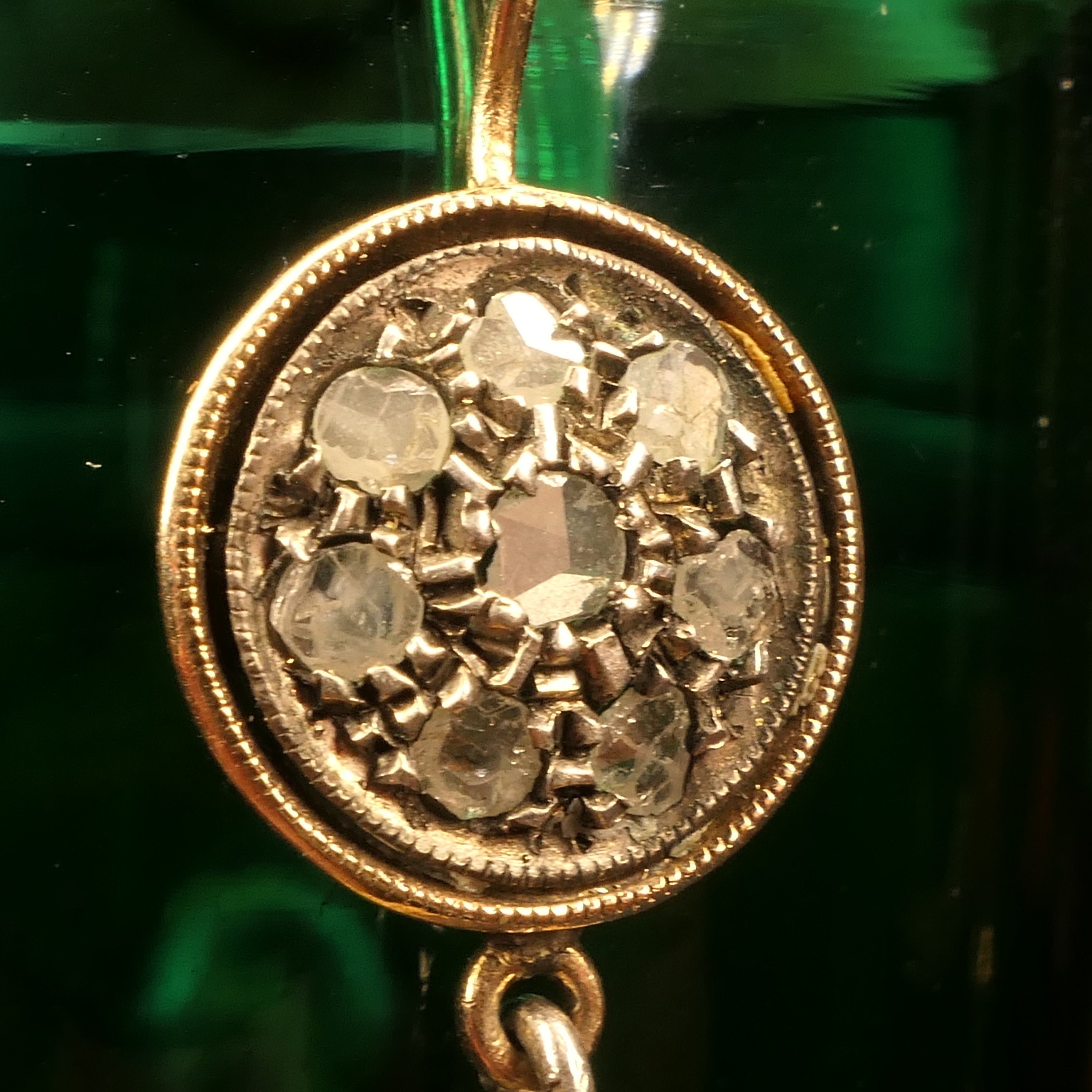 Victorian, Rose Cut Diamond, Peridot, 9ct Gold & Silver Drop Earrings