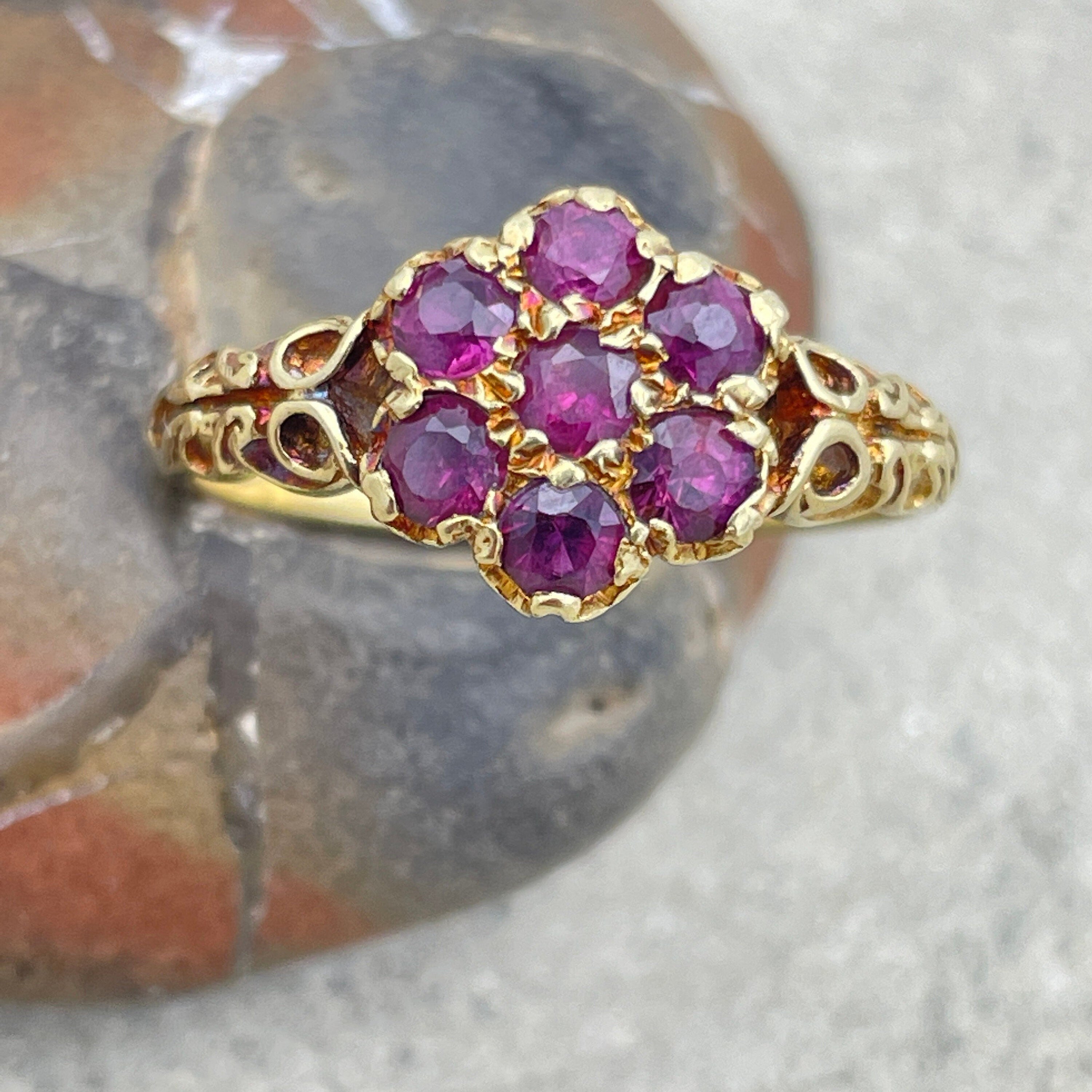 Vintage, victorian style, 18ct gold ruby daisy cluster ring