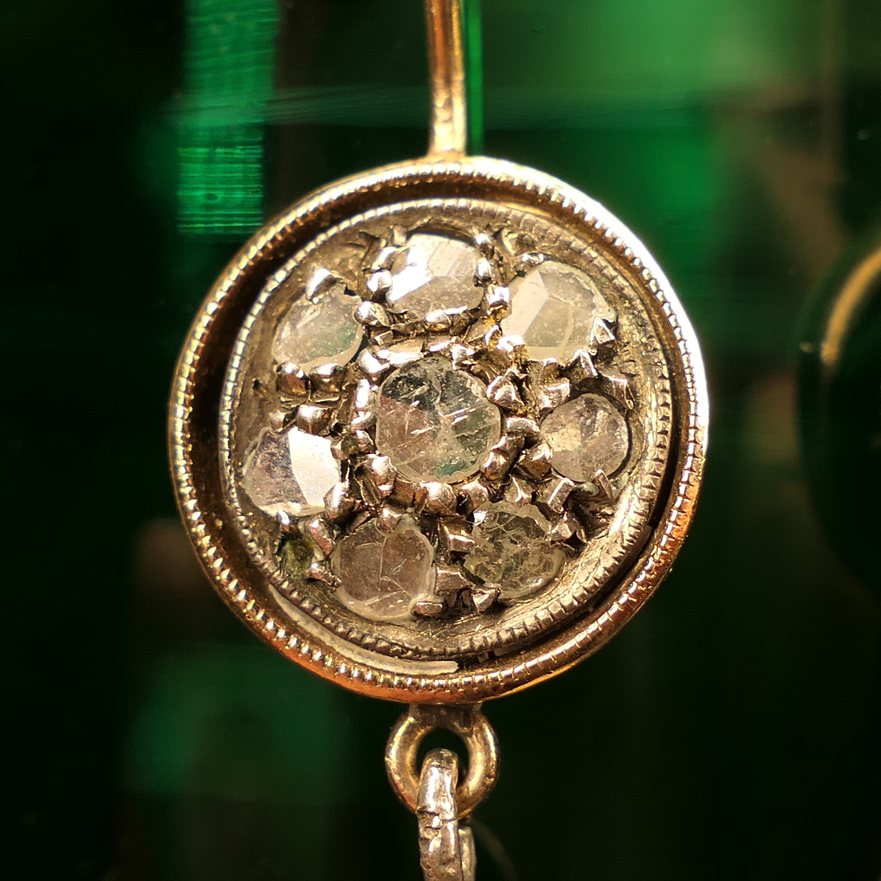 Victorian, Rose Cut Diamond, Peridot, 9ct Gold & Silver Drop Earrings