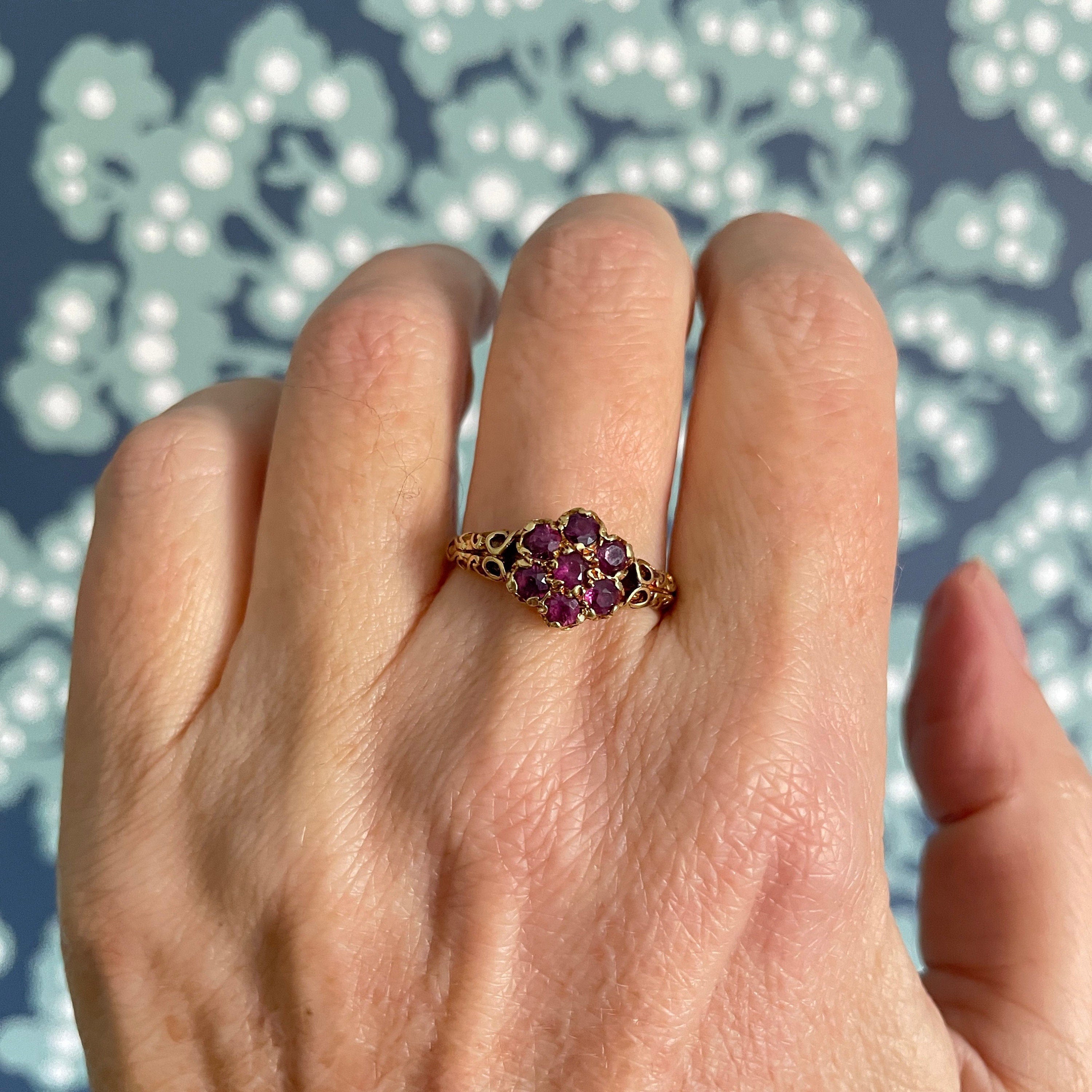 Vintage, victorian style, 18ct gold ruby daisy cluster ring
