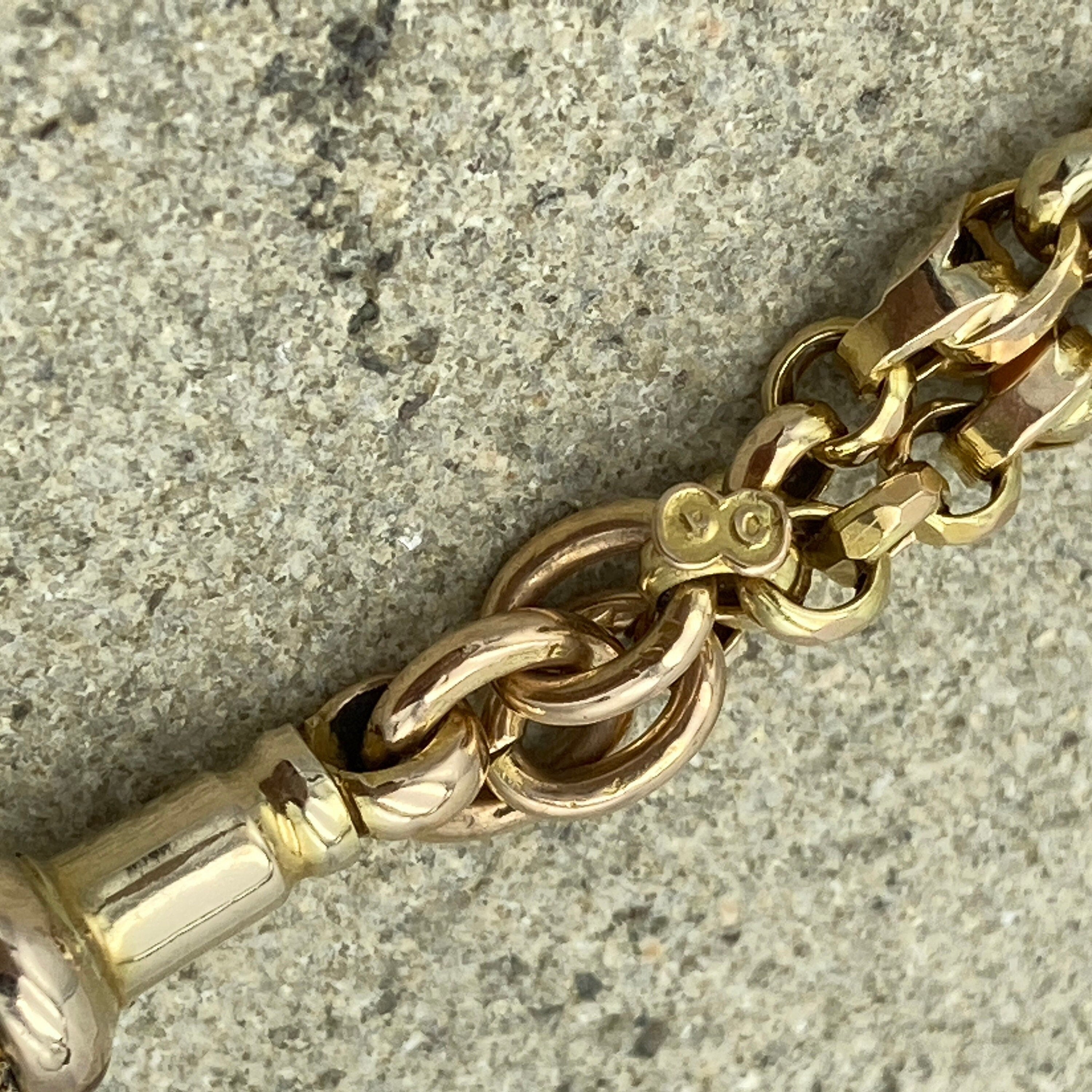 Antique 9ct Gold Long guard Chain, Tulip & Belcher Link Chain Necklace, With Dog Clip 23.3 grams