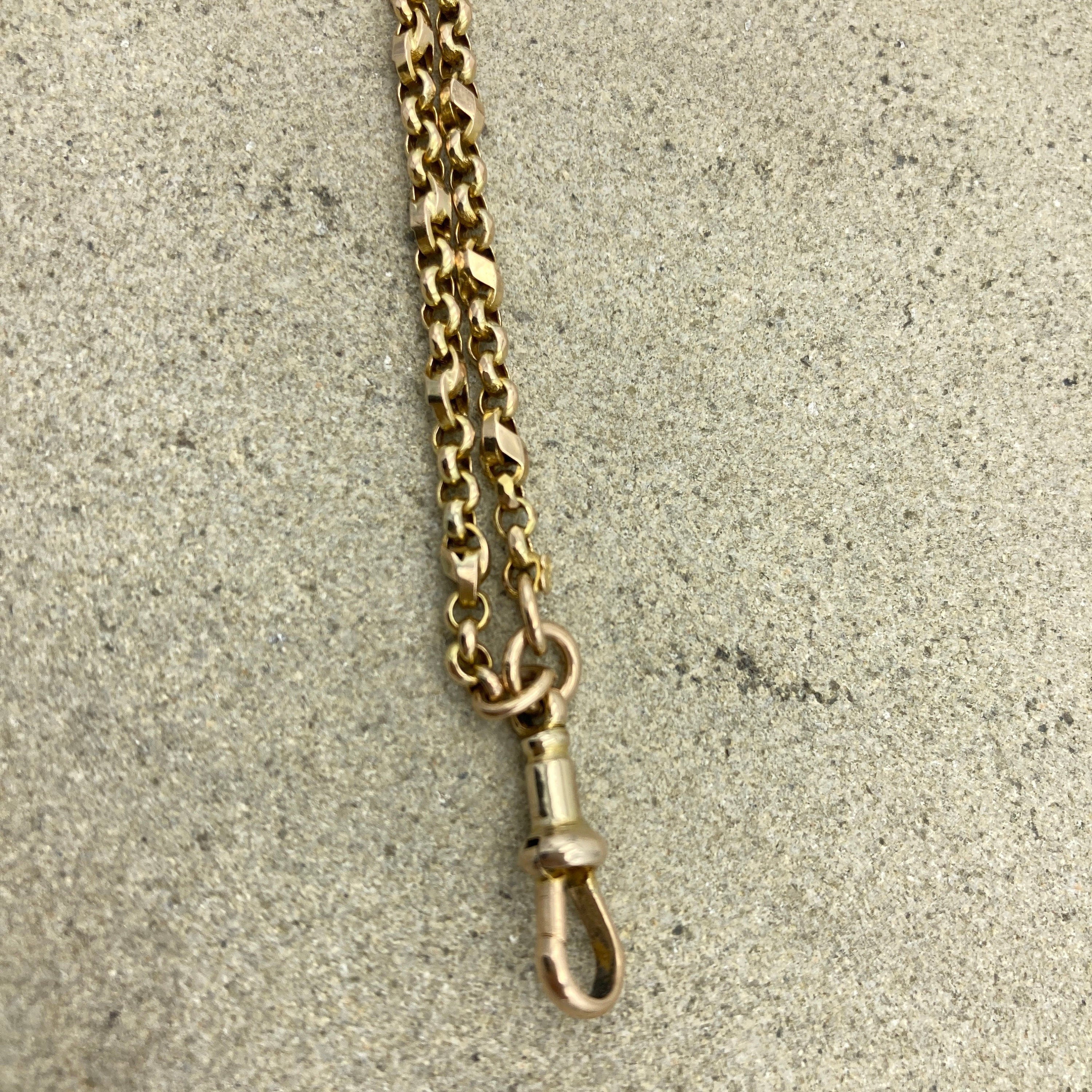 Antique 9ct Gold Long guard Chain, Tulip & Belcher Link Chain Necklace, With Dog Clip 23.3 grams