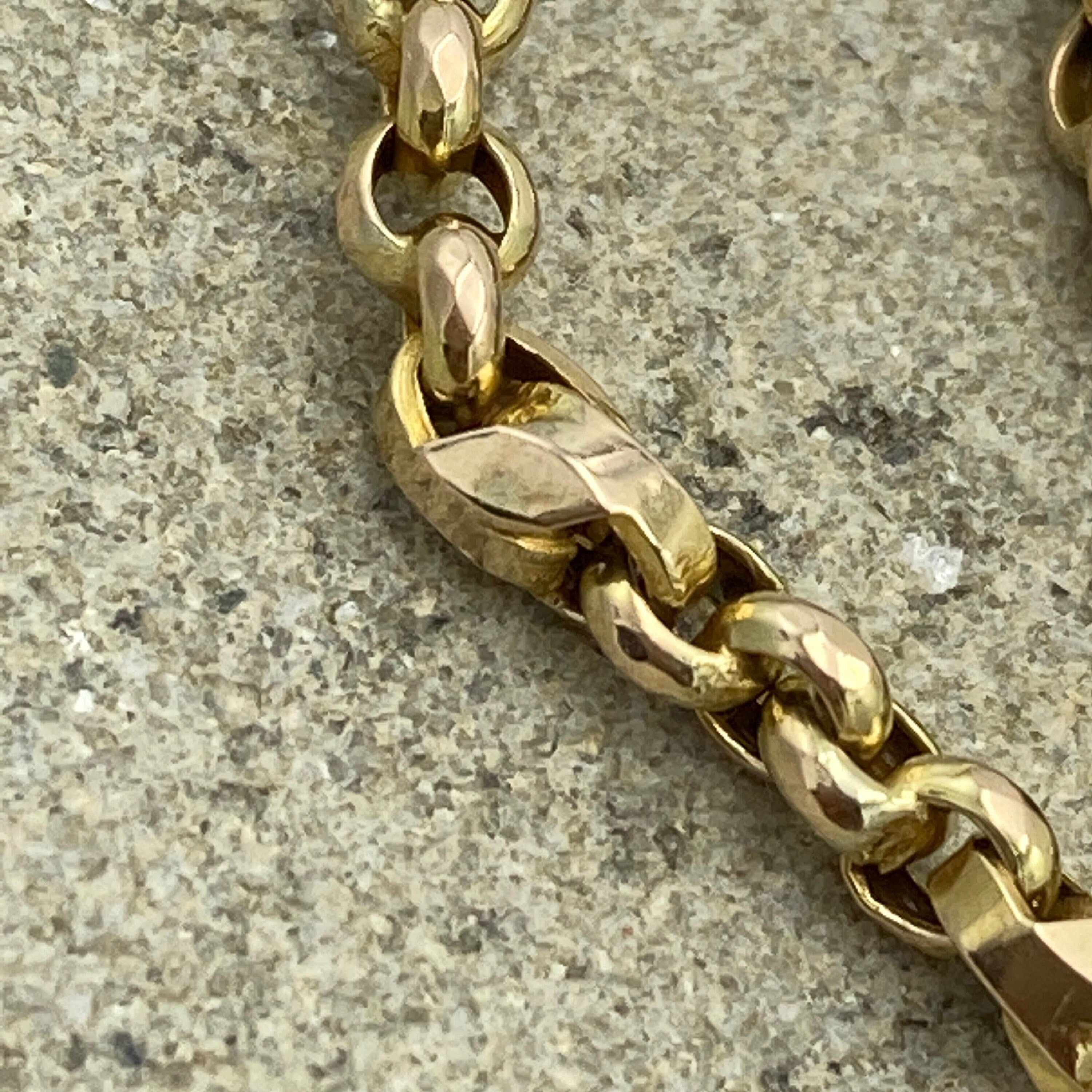 Antique 9ct Gold Long guard Chain, Tulip & Belcher Link Chain Necklace, With Dog Clip 23.3 grams