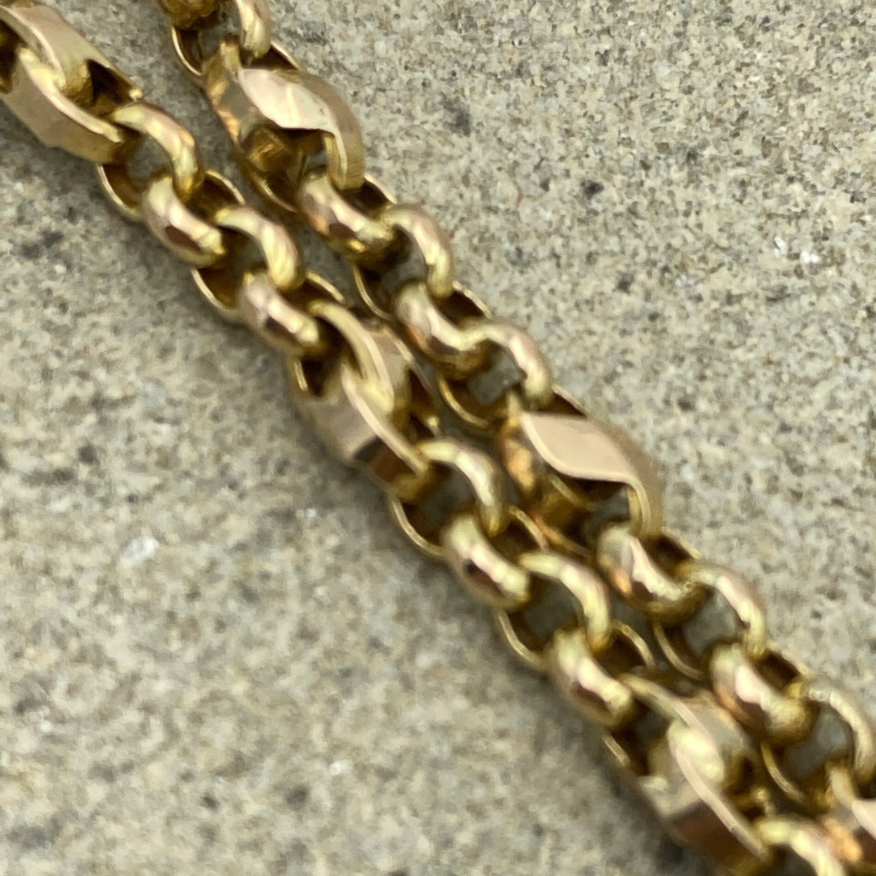 Antique 9ct Gold Long guard Chain, Tulip & Belcher Link Chain Necklace, With Dog Clip 23.3 grams