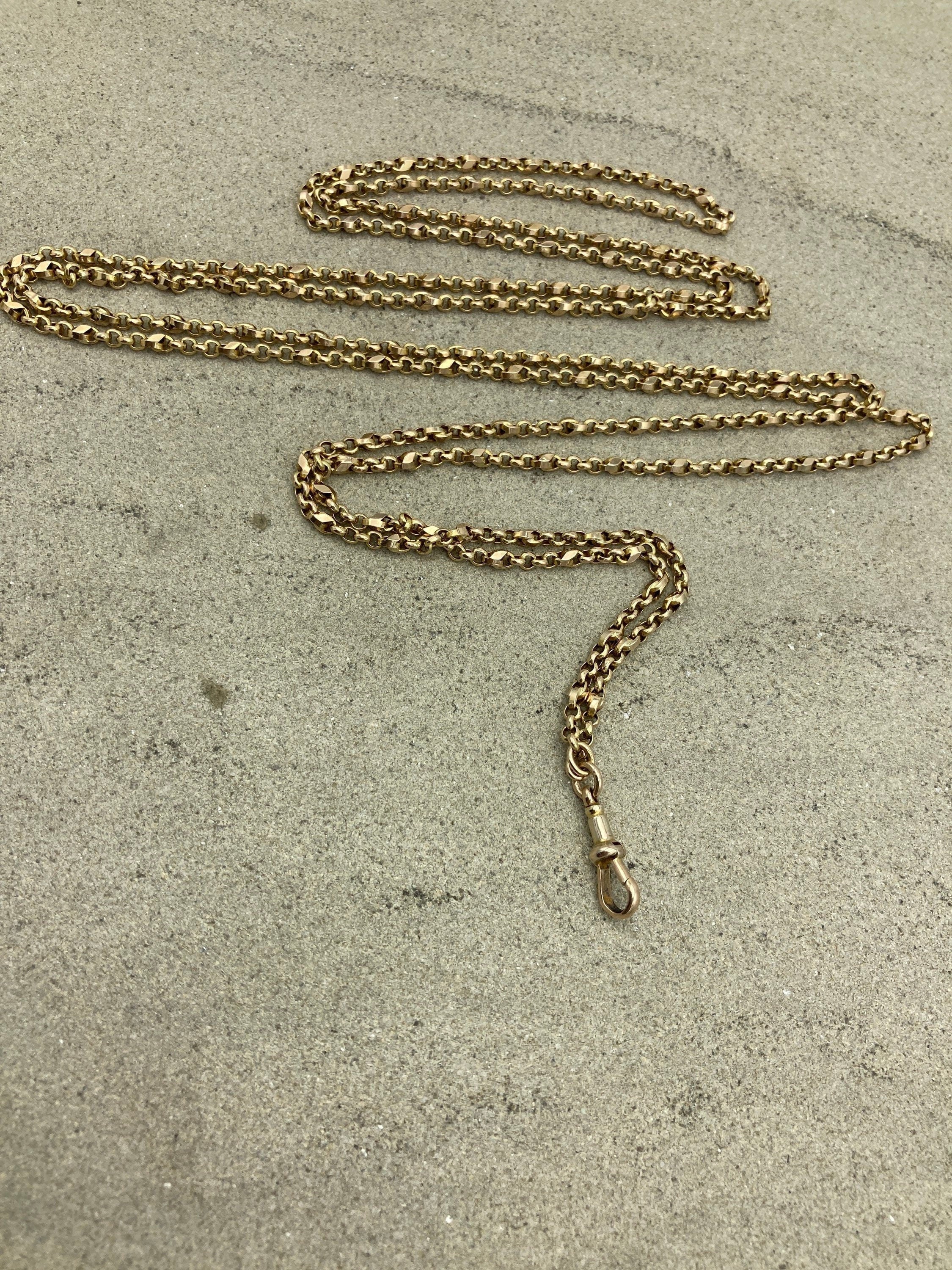 Antique 9ct Gold Long guard Chain, Tulip & Belcher Link Chain Necklace, With Dog Clip 23.3 grams