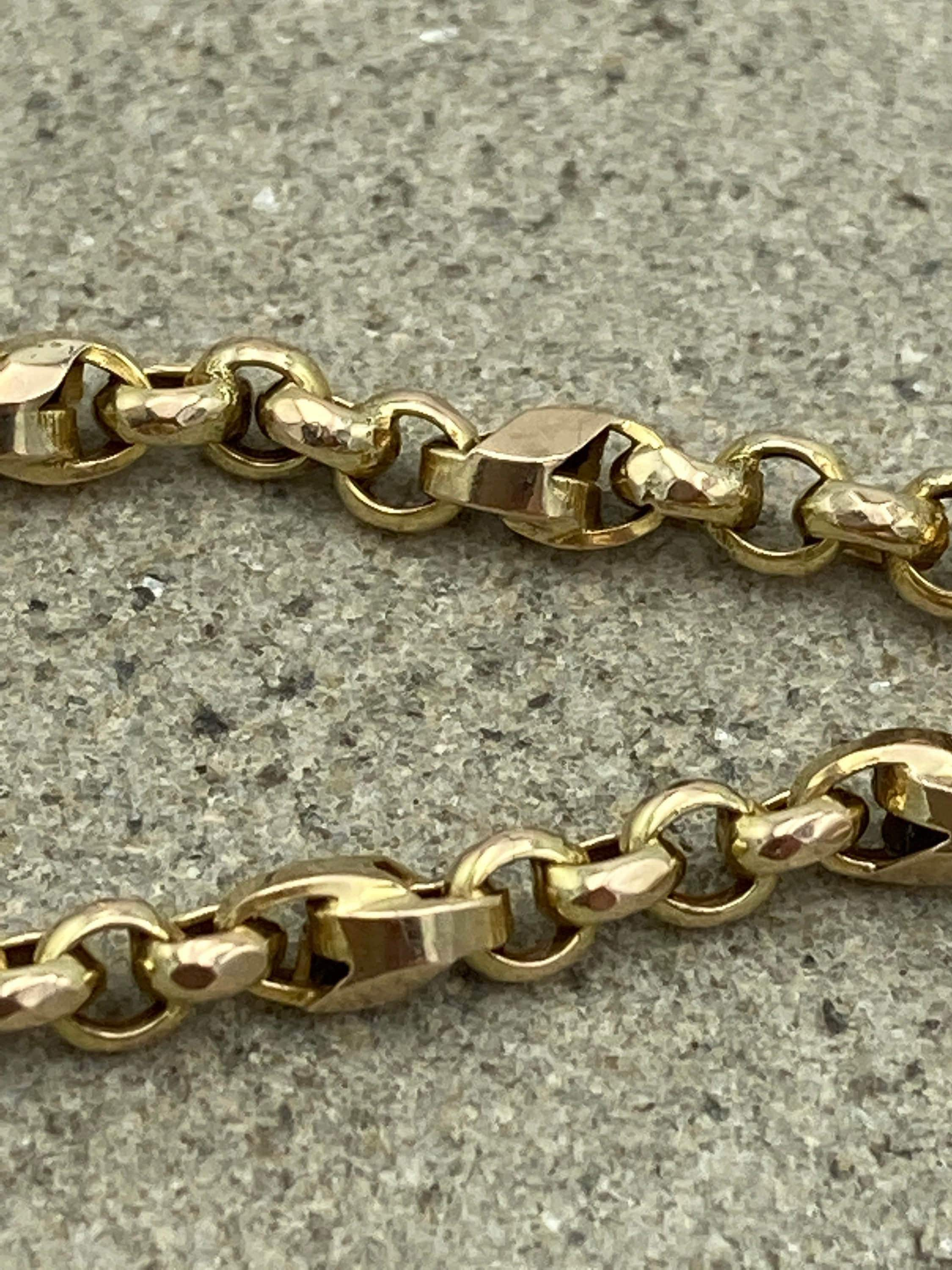 Antique 9ct Gold Long guard Chain, Tulip & Belcher Link Chain Necklace, With Dog Clip 23.3 grams