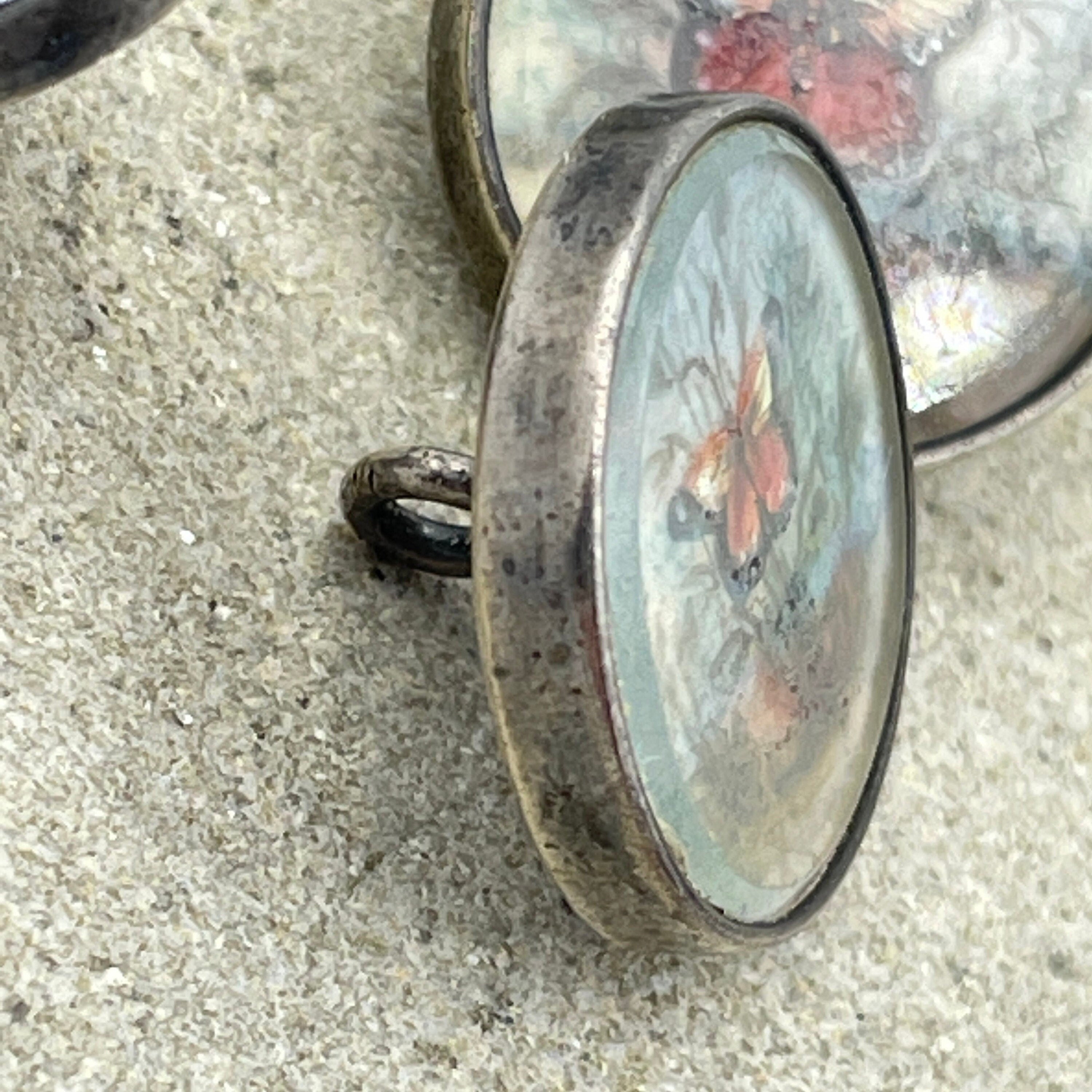 Edwardian, set of 6, hand painted butterflies, sterling silver buttons