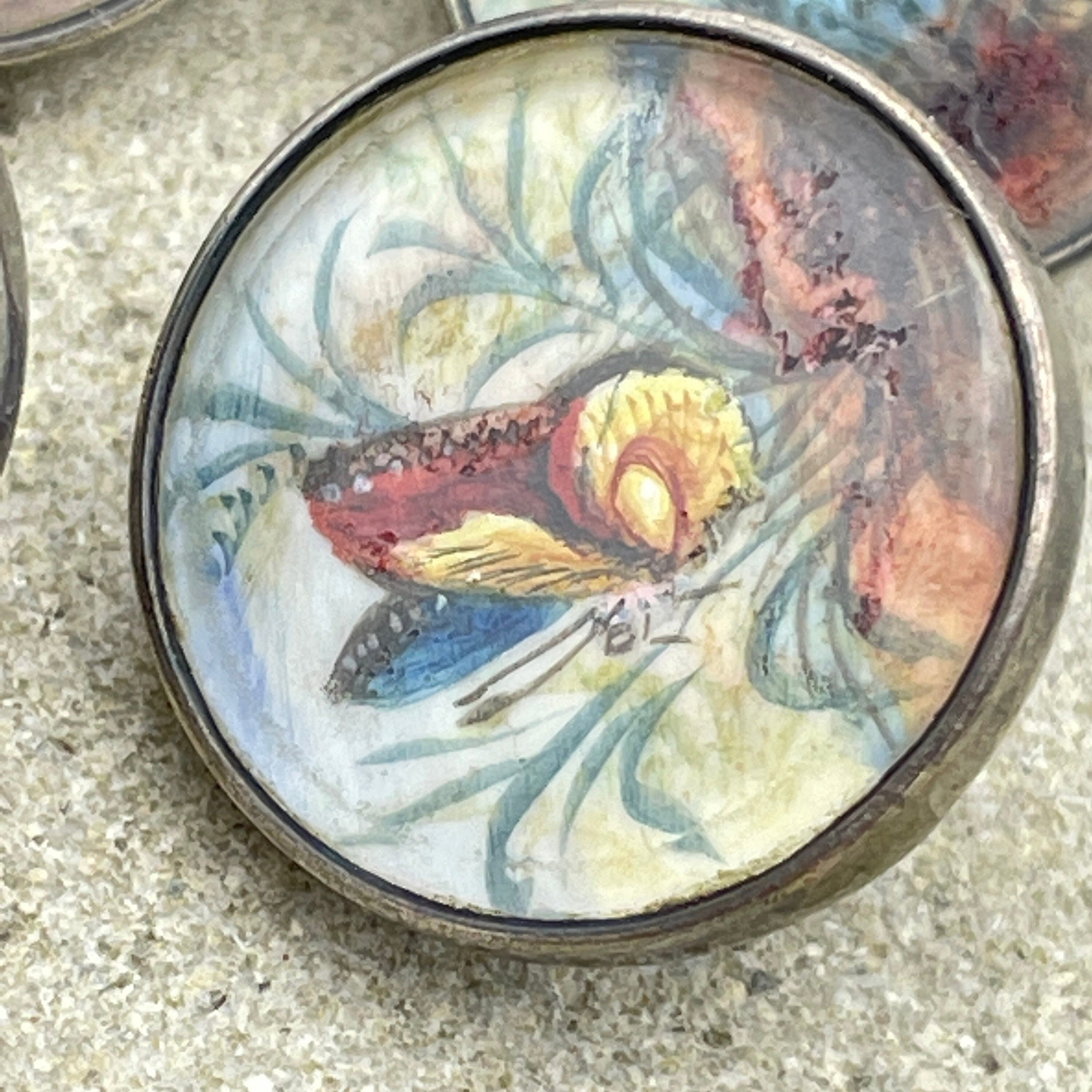 Edwardian, set of 6, hand painted butterflies, sterling silver buttons