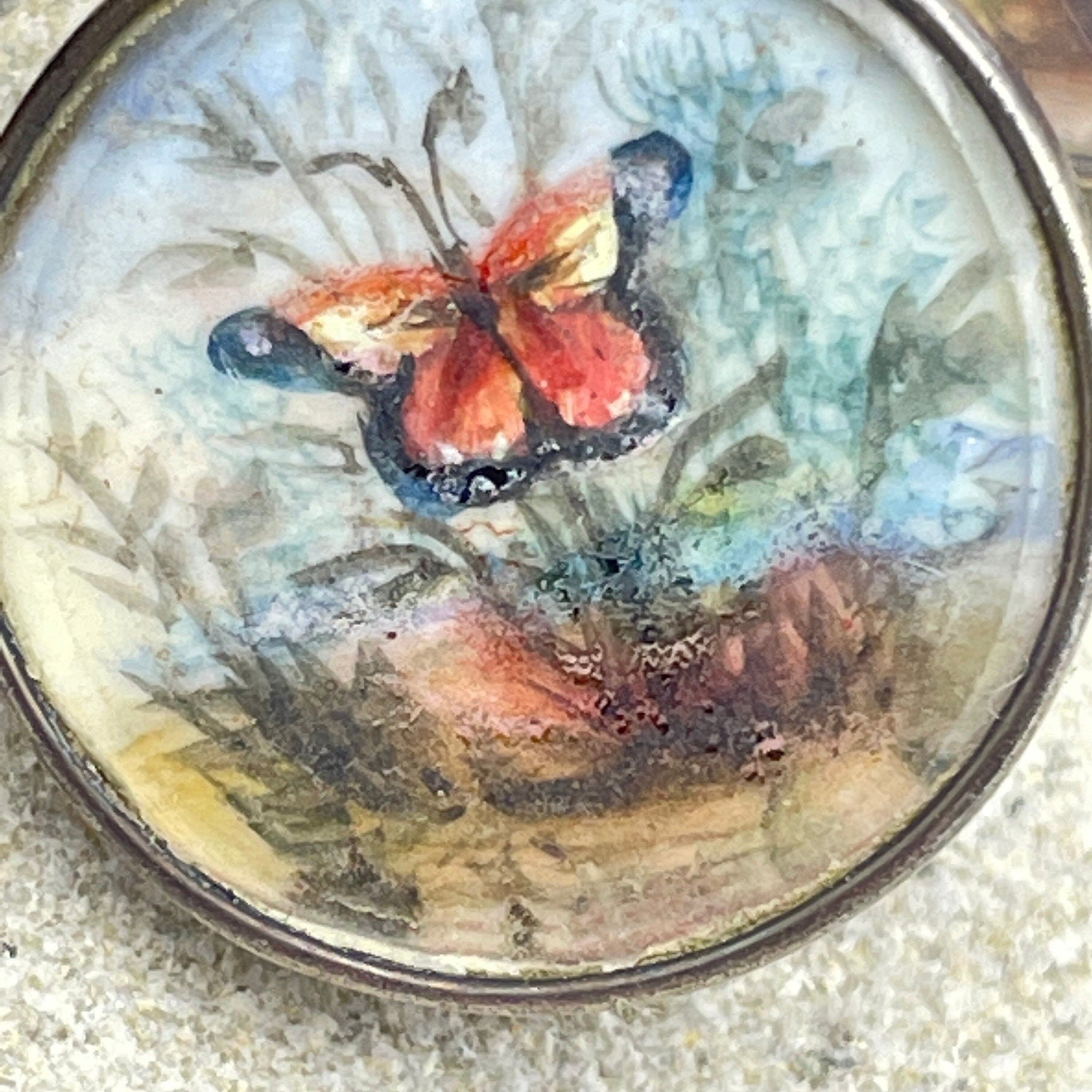 Edwardian, set of 6, hand painted butterflies, sterling silver buttons