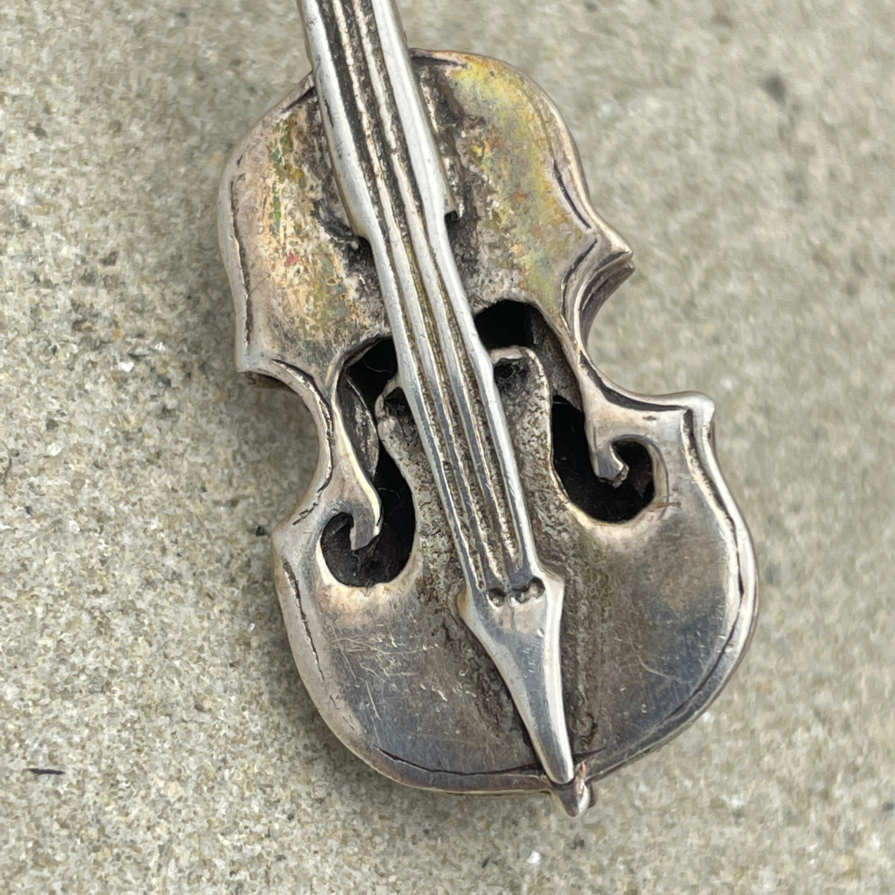 Vintage hand made silver violin brooch