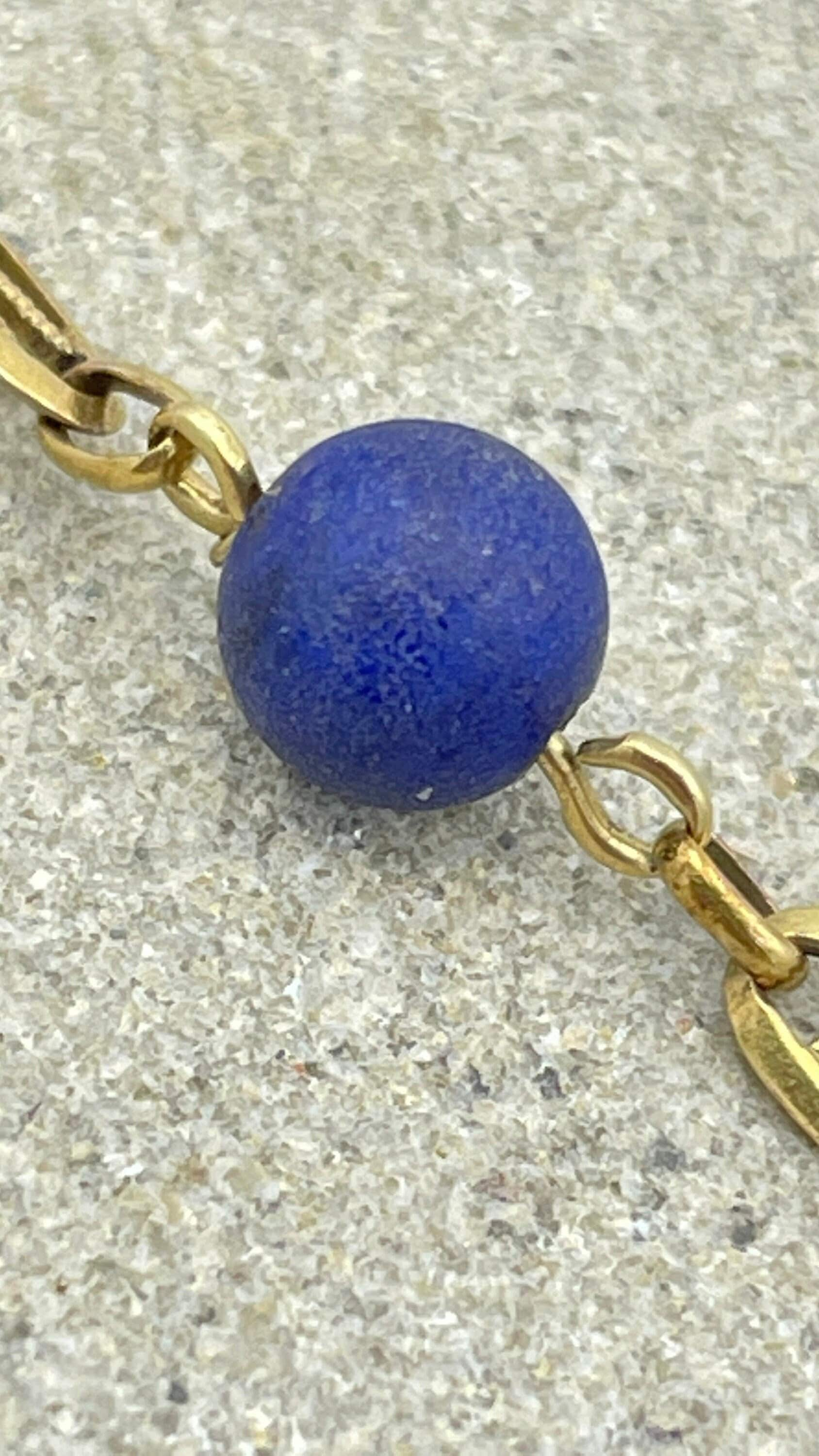 Antique 14ct gold fancy link chain necklace with lapis lazuli bead spacers c1910