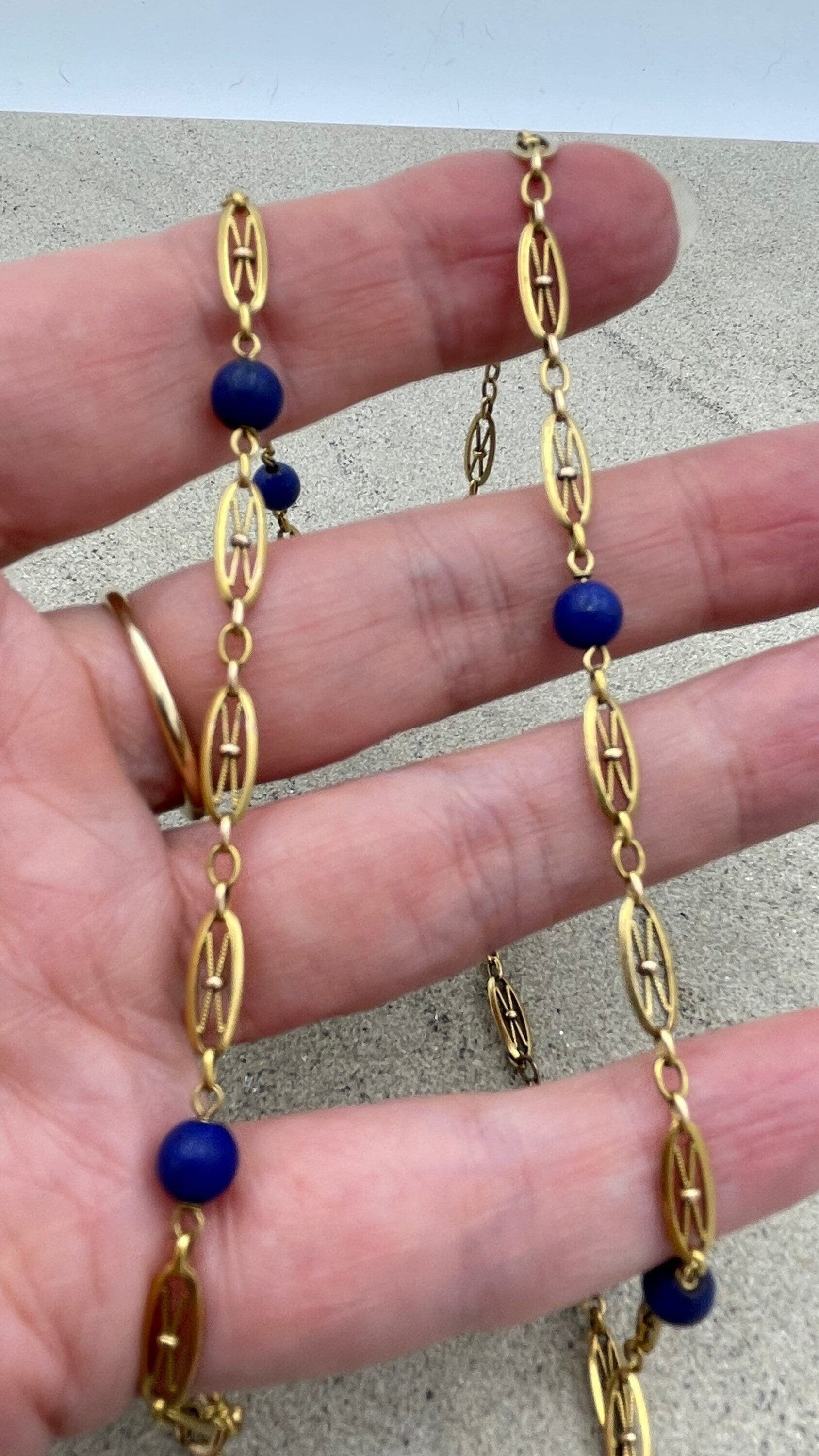Antique 14ct gold fancy link chain necklace with lapis lazuli bead spacers c1910