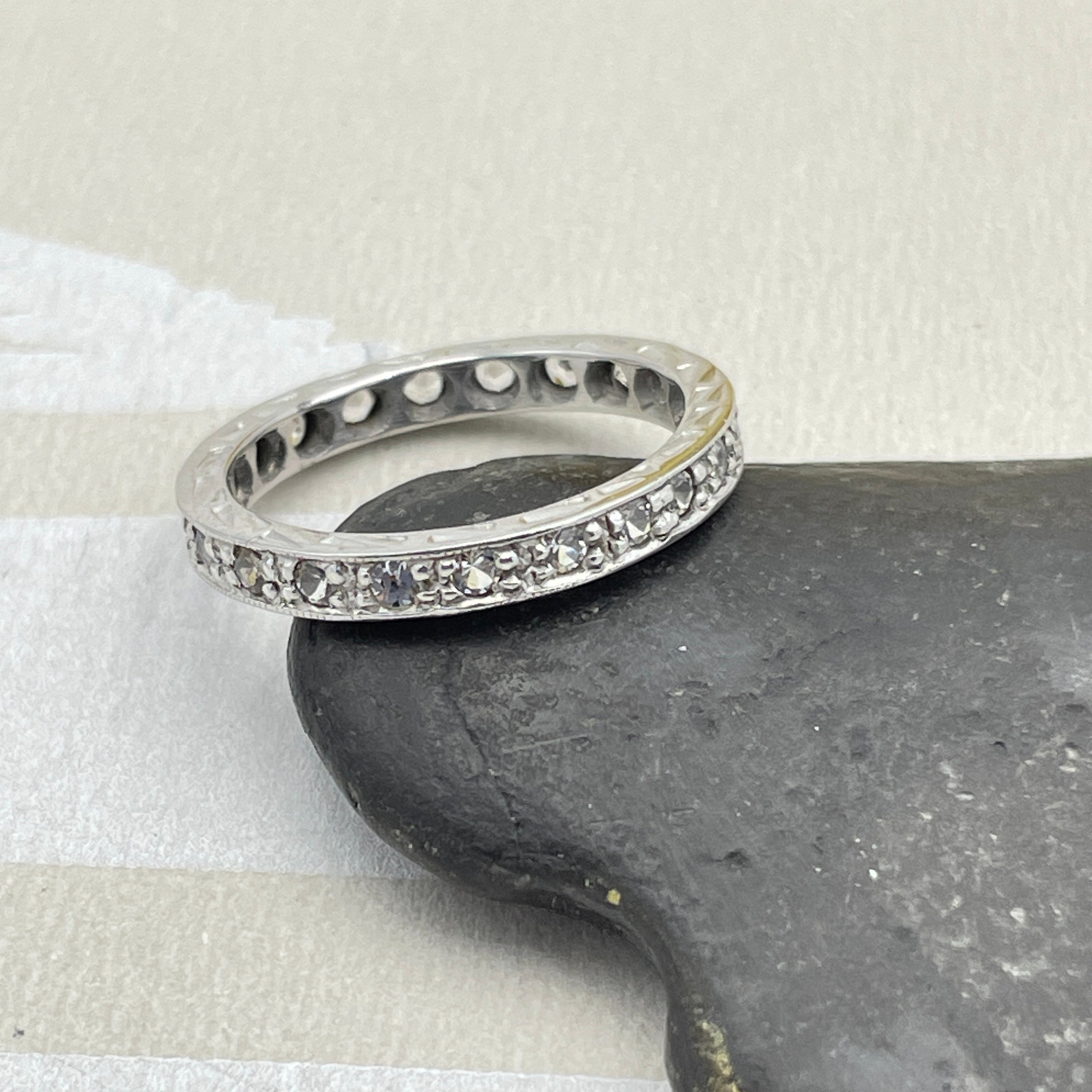 Art deco, 9ct white gold white topaz, etched eternity ring