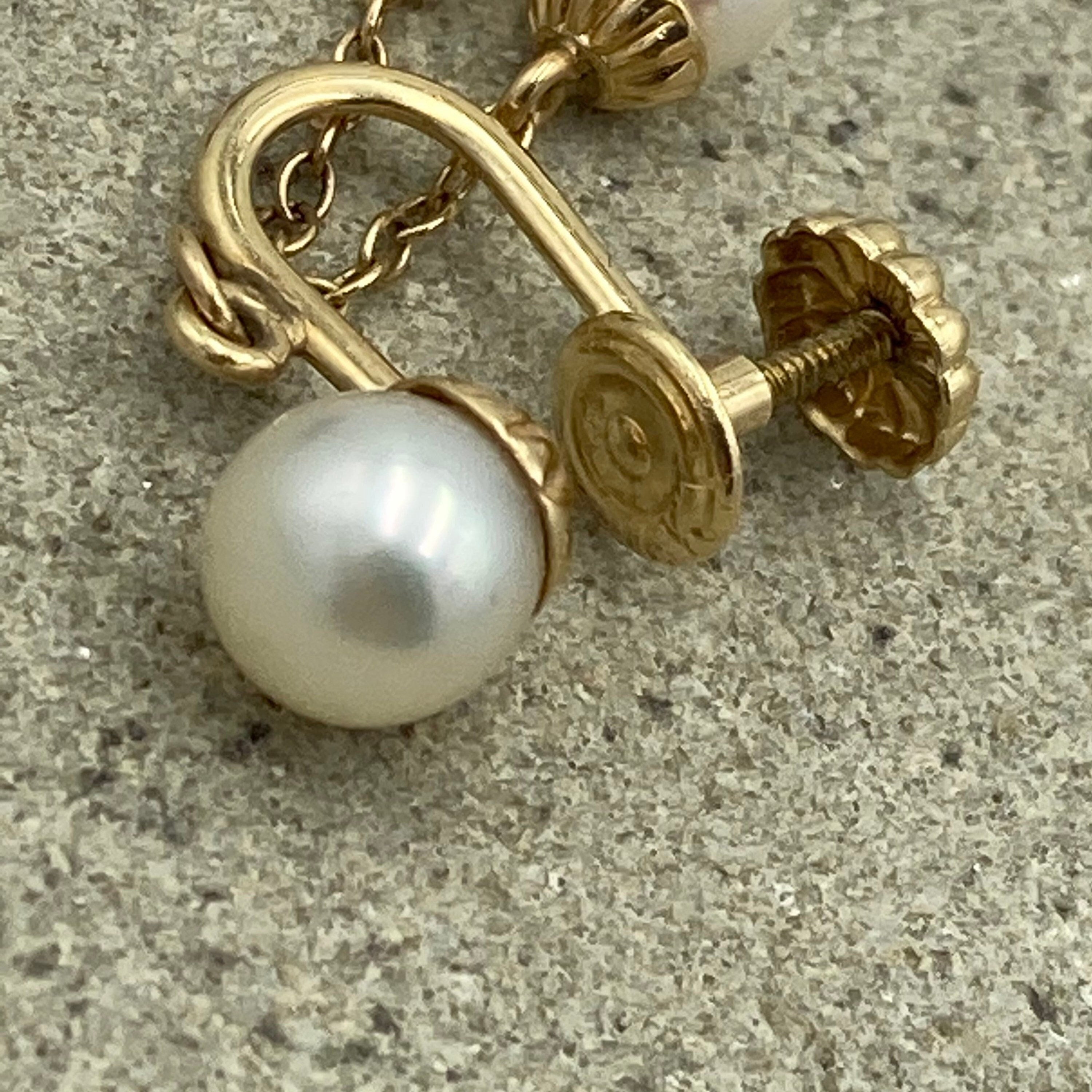Vintage 14ct gold cultured pearl dangly screw back earrings 14k gold
