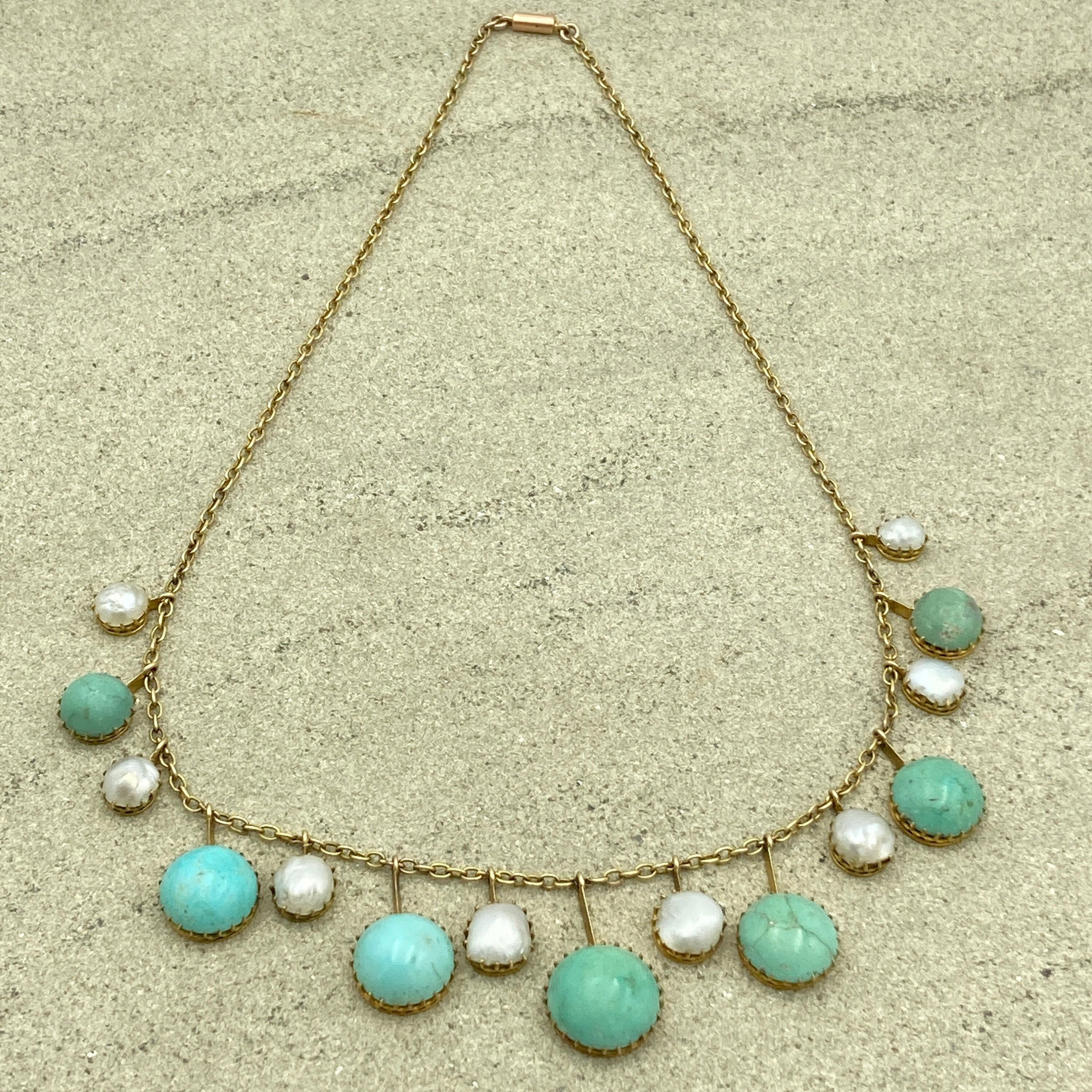 Edwardian 9ct gold arts & crafts fringe necklace, with baroque split pearls and natural turquoise