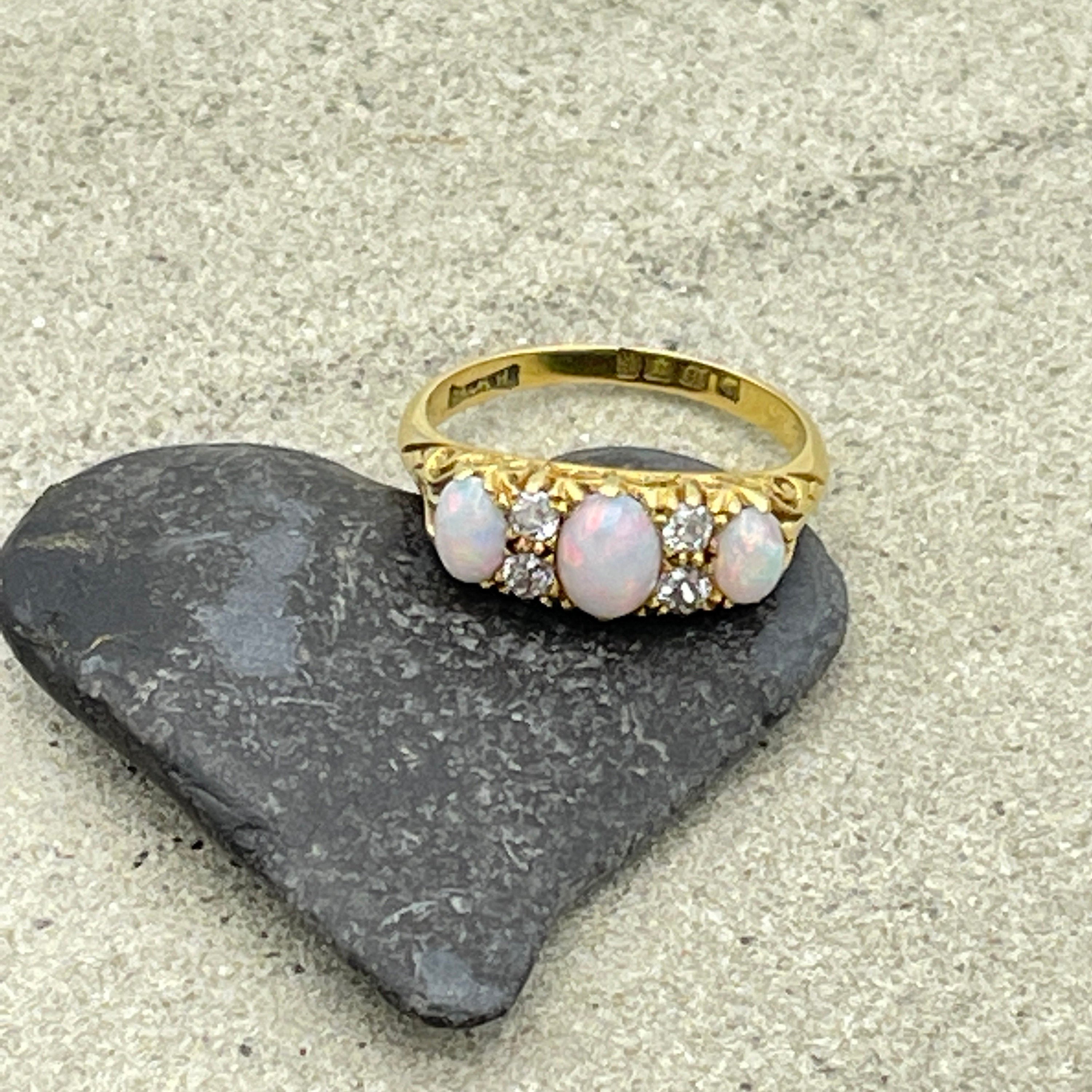 Edwardian, 18ct gold, opal & old cut diamond ring