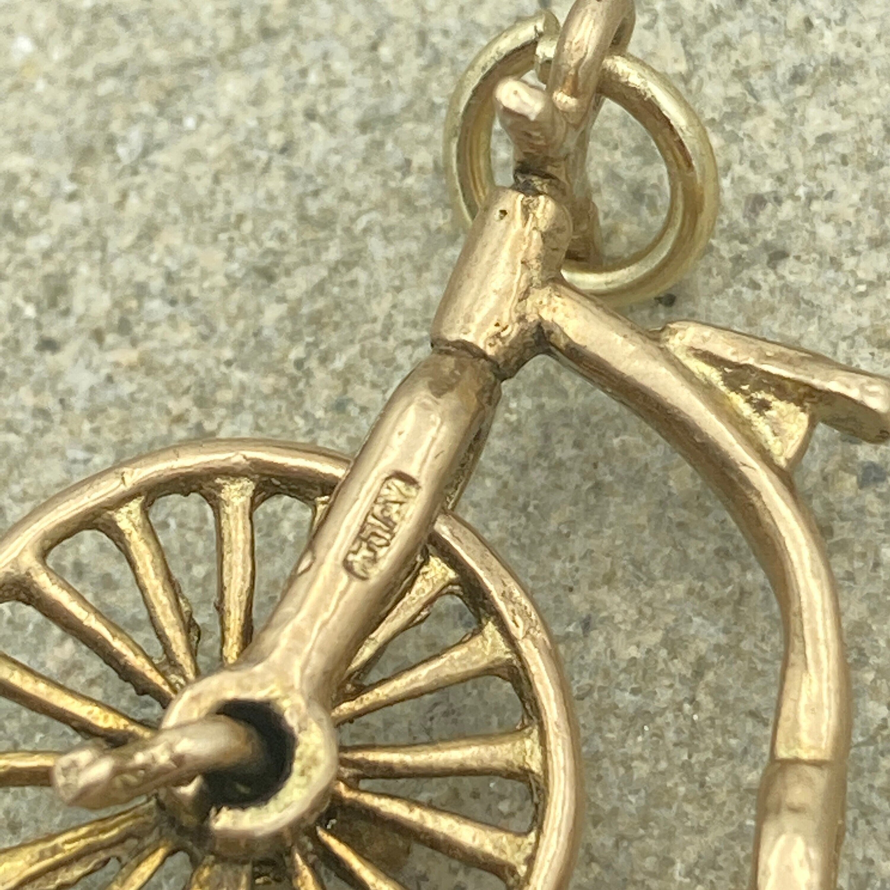 Vintage solid 9ct gold penny farthing bicycle charm / pendant hallmarked london 1963 9k gold 3d charm