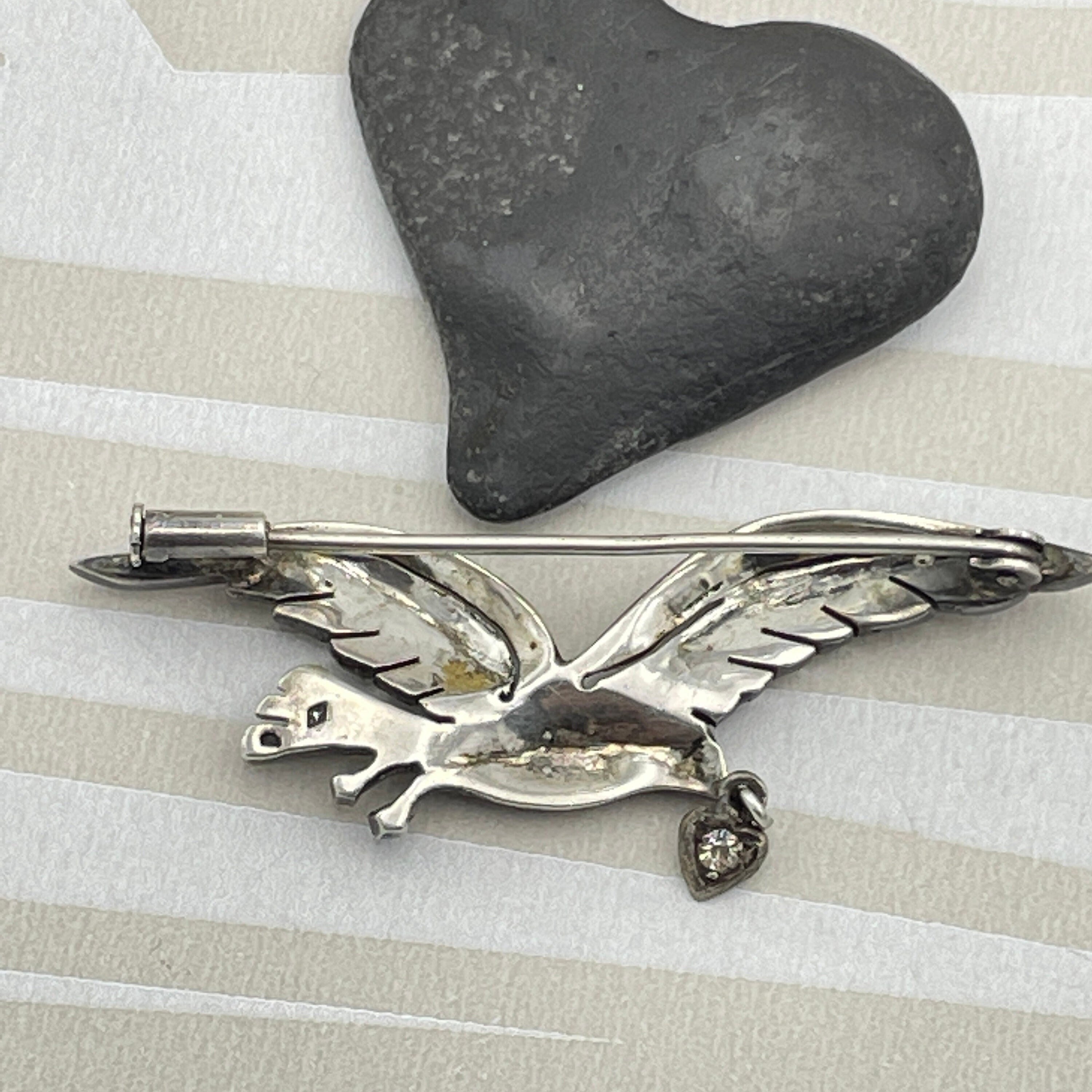 Antique, french, silver, paste stones, dove & heart brooch