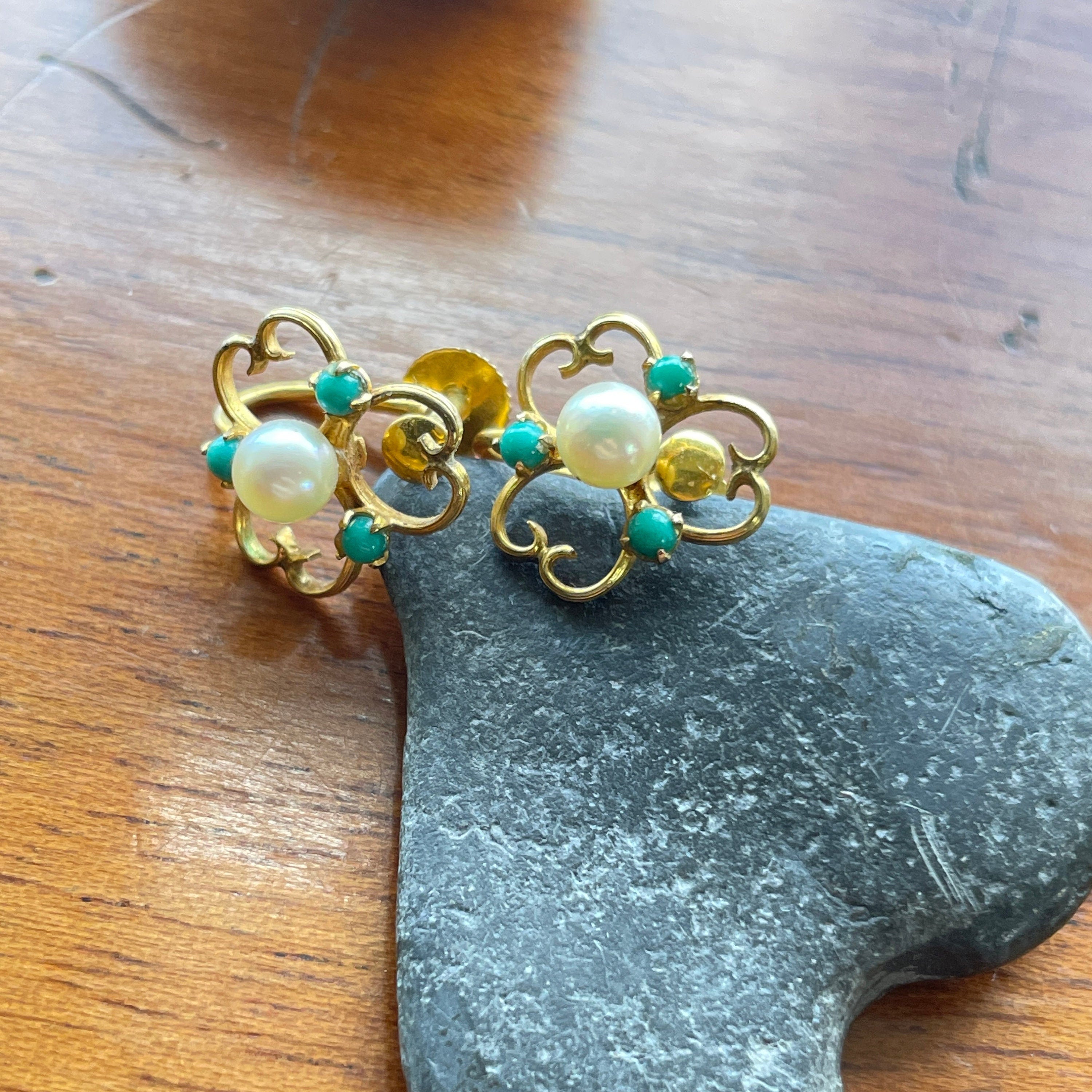 Early 20th century, 9ct gold, pearl & turquoise screw back earrings