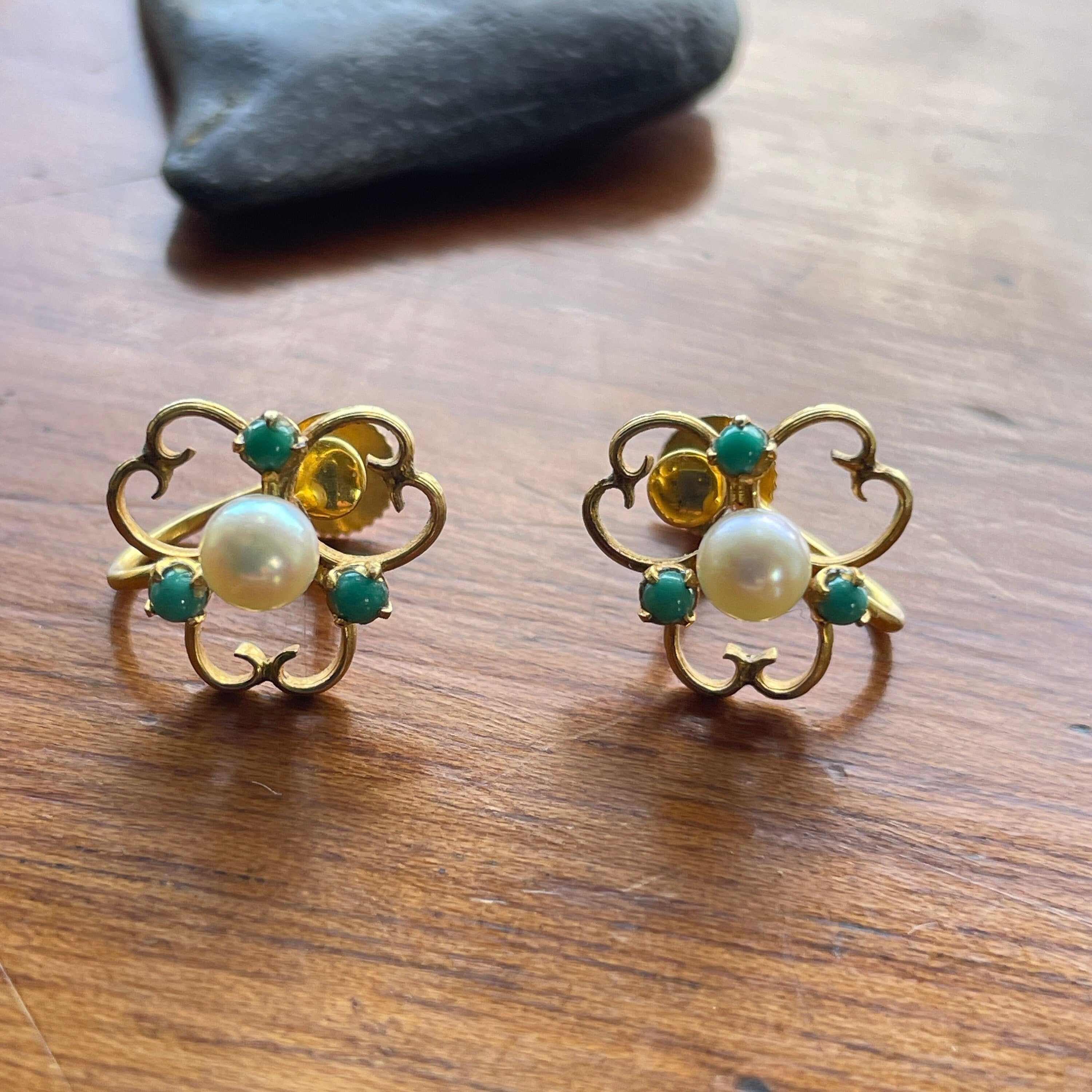 Early 20th century, 9ct gold, pearl & turquoise screw back earrings
