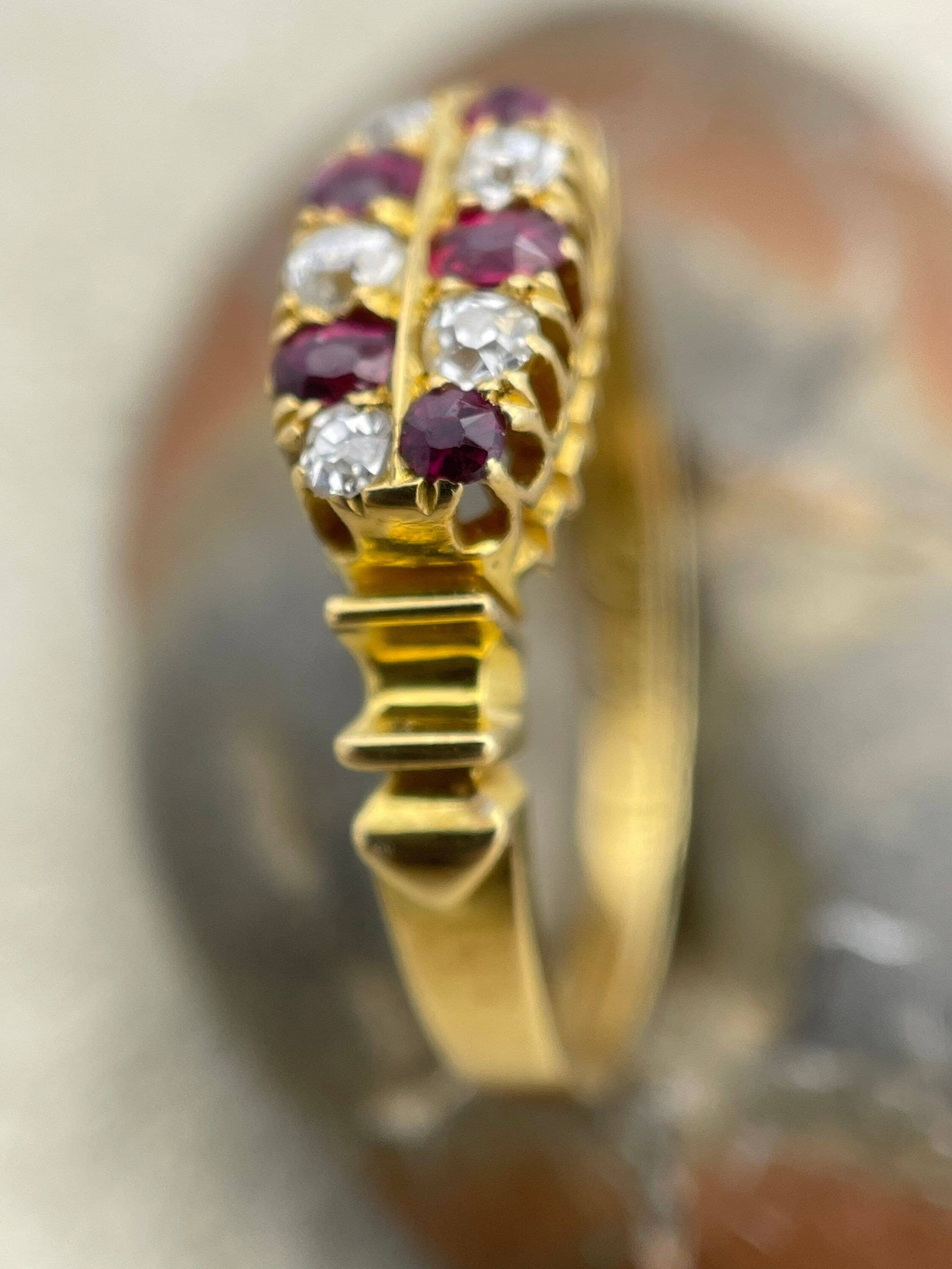 Victorian 18ct gold old cut diamond & ruby 2 row chequerboard ring hallmarked 1893