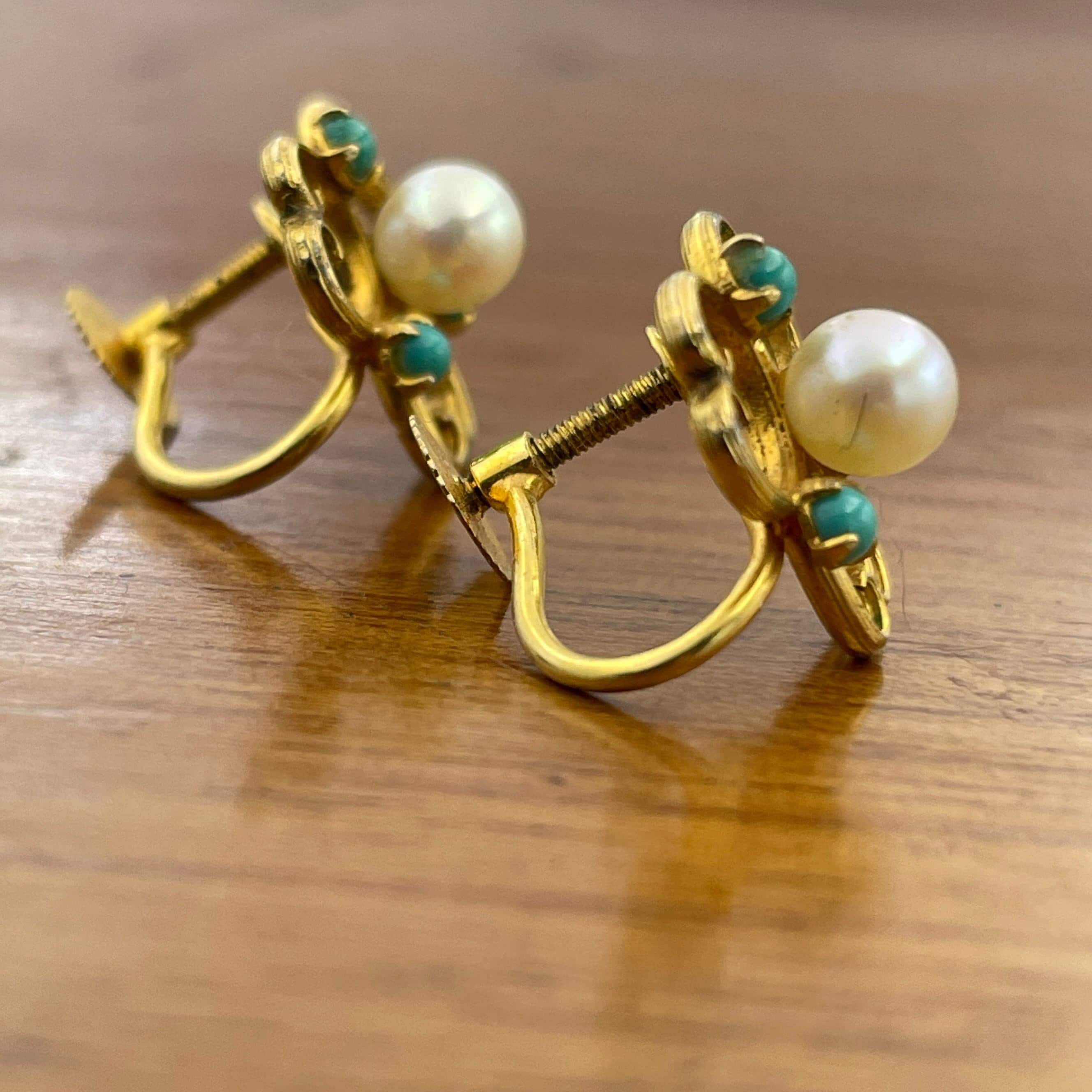 Early 20th century, 9ct gold, pearl & turquoise screw back earrings