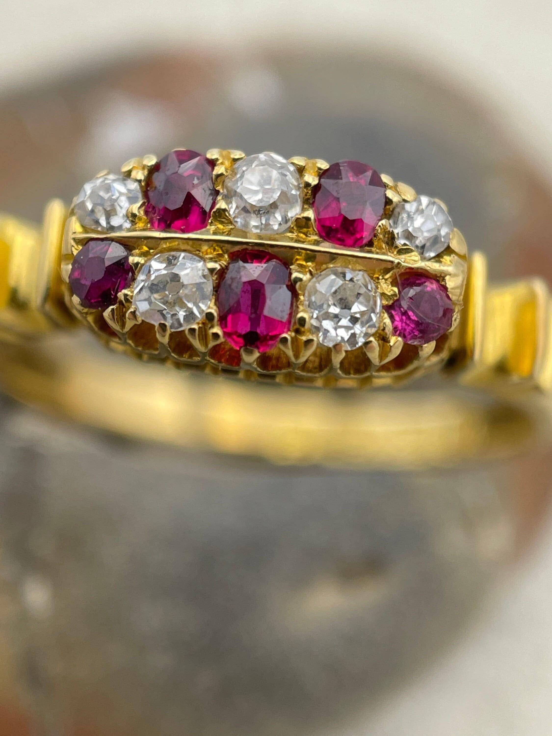 Victorian 18ct gold old cut diamond & ruby 2 row chequerboard ring hallmarked 1893