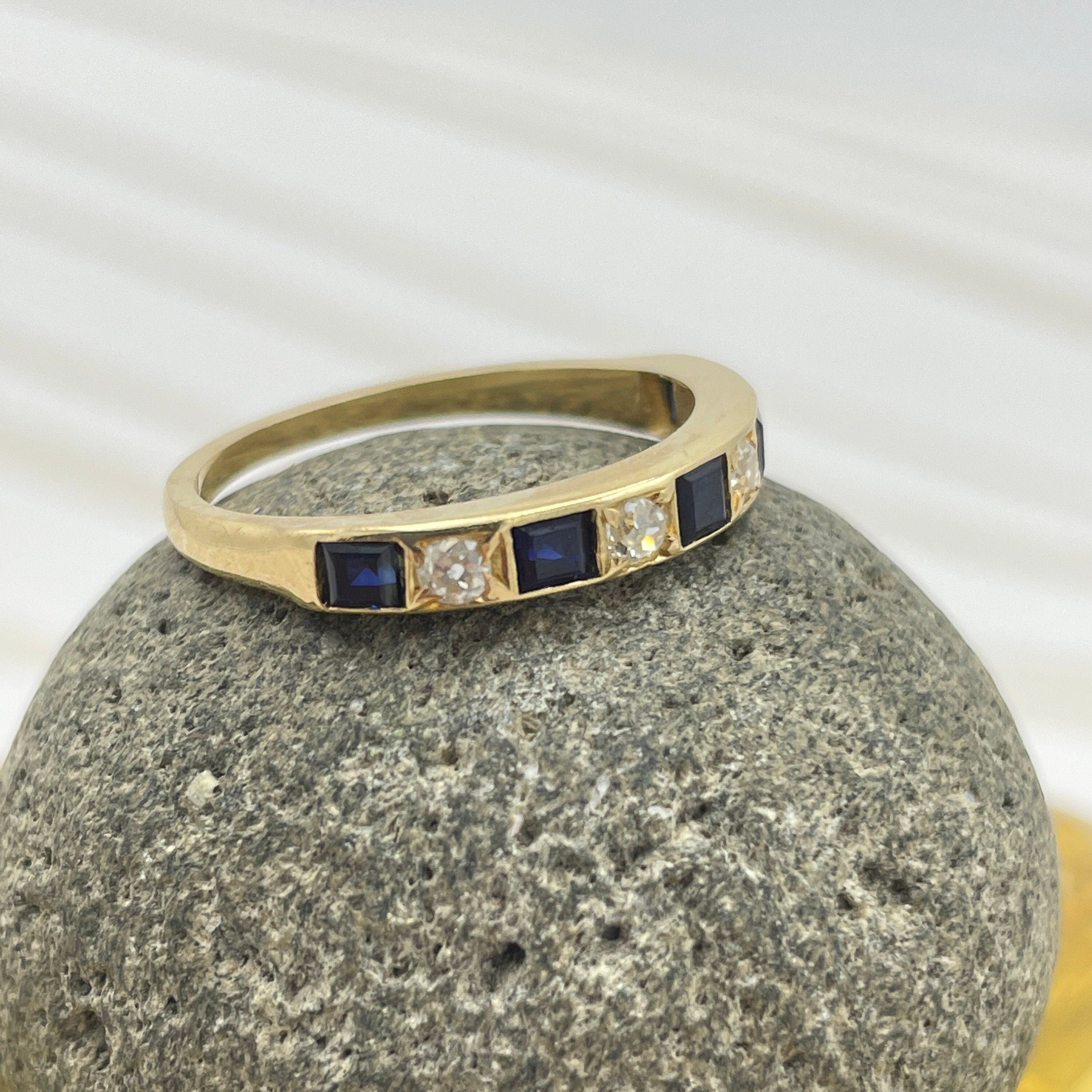 Art deco, 18ct gold old cut diamond & sapphire half eternity ring