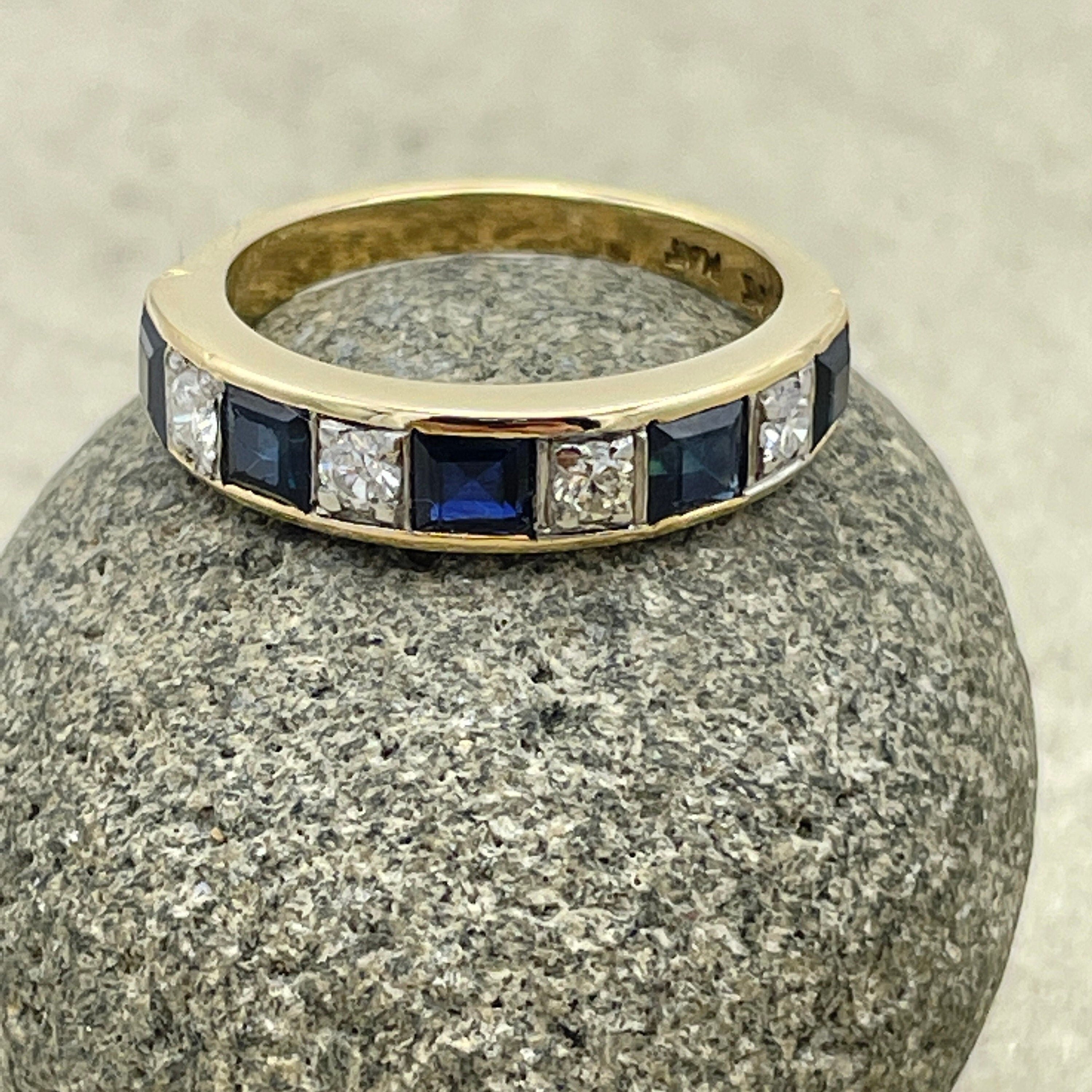 Vintage 18ct gold diamond & sapphire  half eternity ring, mid century, 1950s