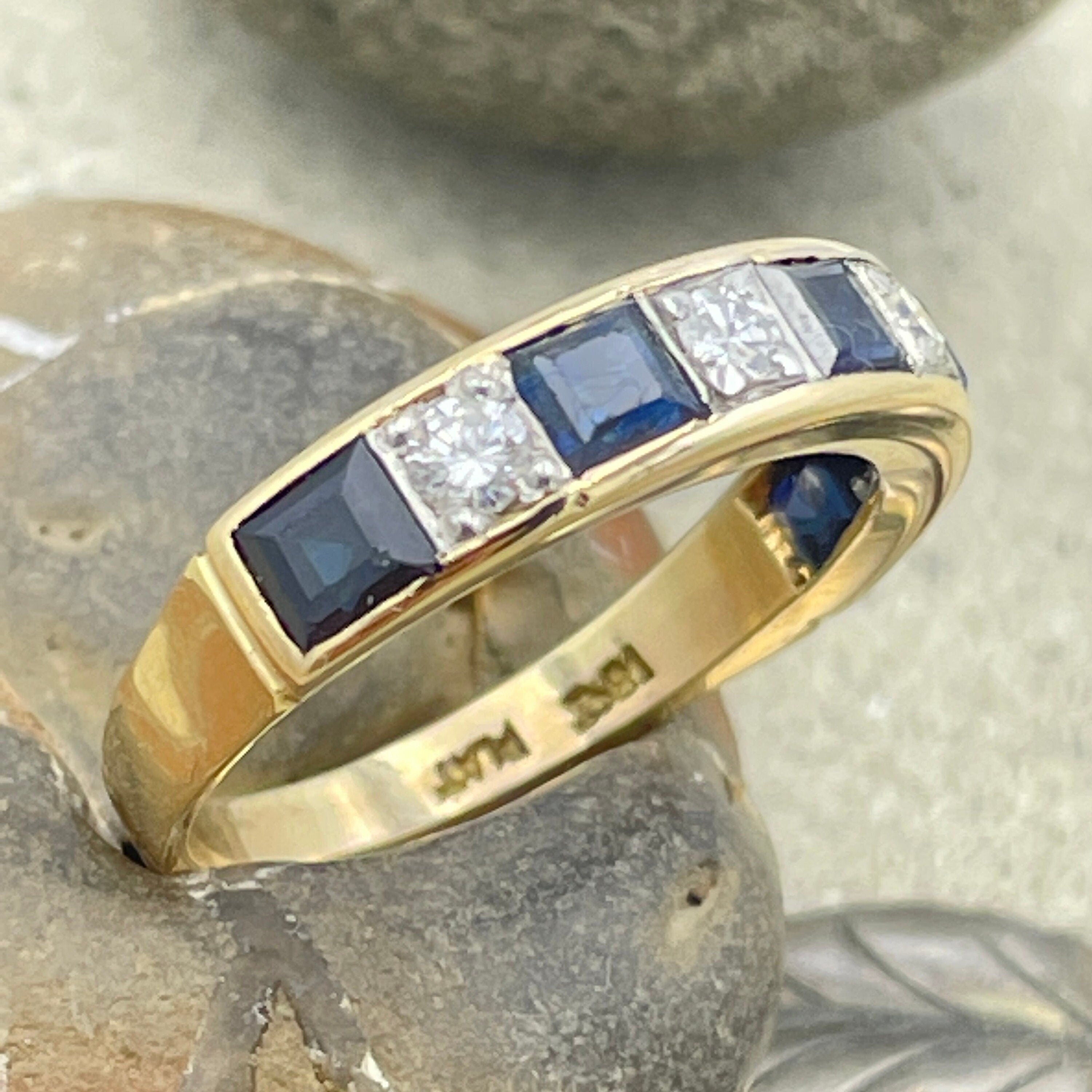 Vintage 18ct gold diamond & sapphire  half eternity ring, mid century, 1950s