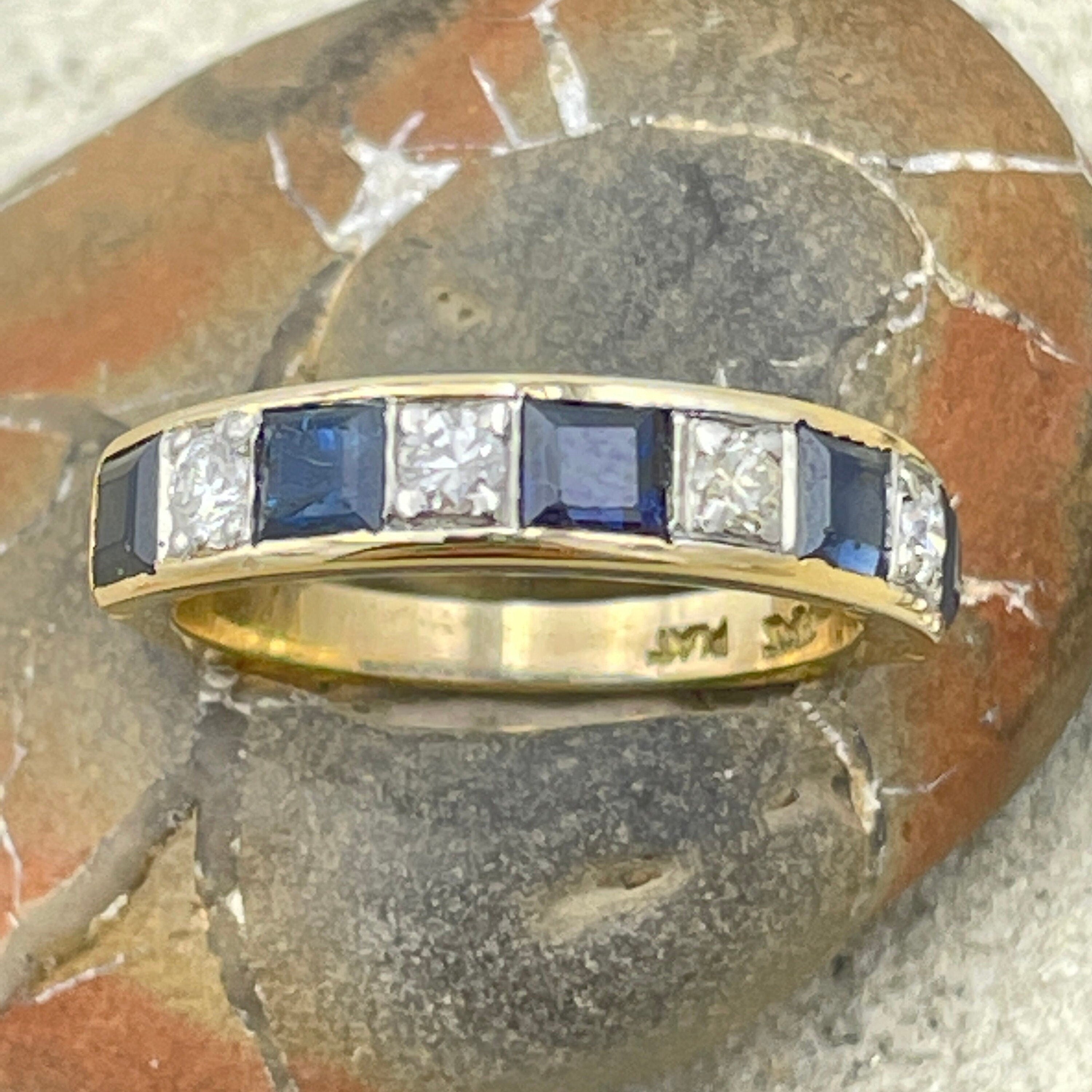 Vintage 18ct gold diamond & sapphire  half eternity ring, mid century, 1950s