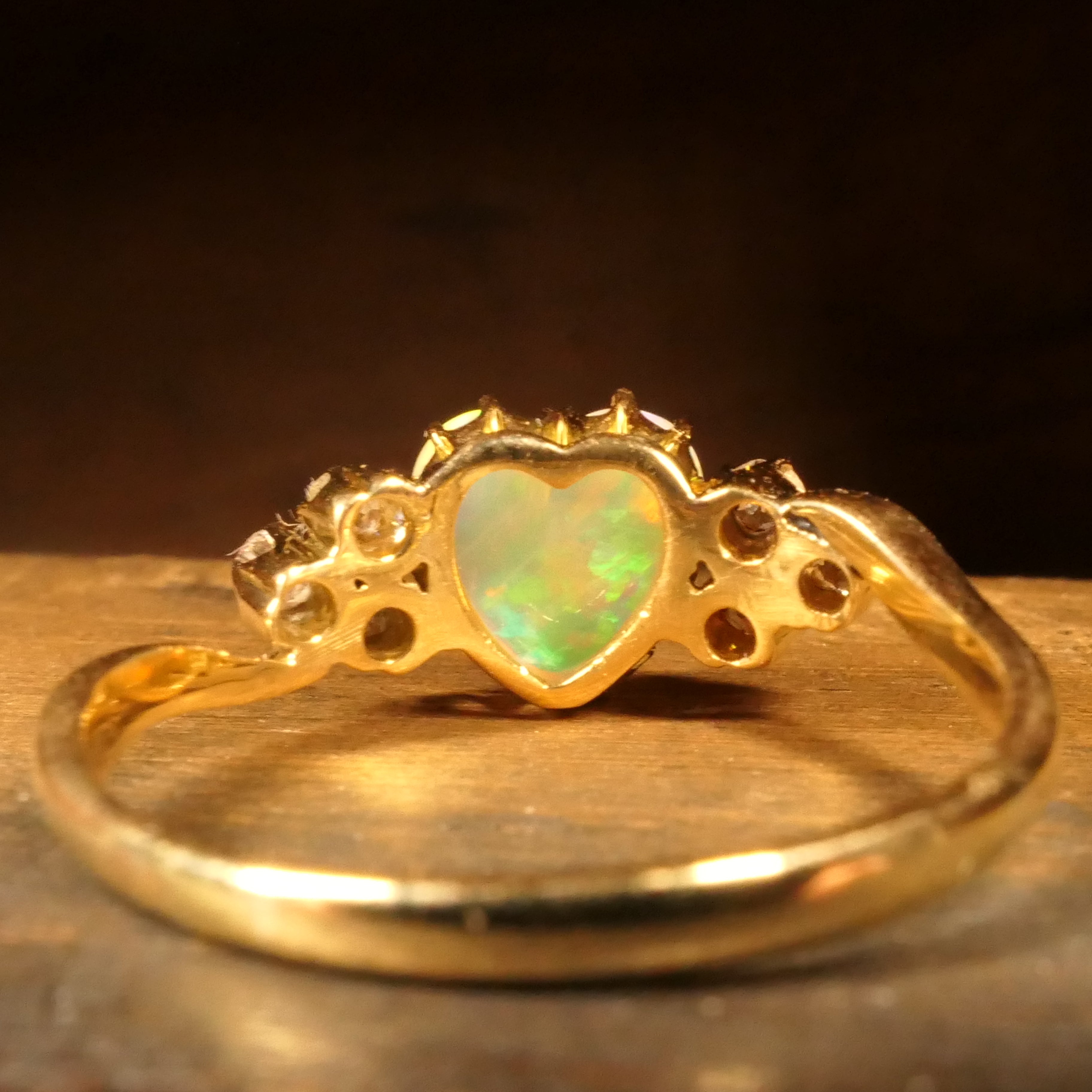 Edwardian Heart Opal & Old Cut Diamond, 18ct Gold ring, Chester hallmark 1902, In Antique Heart Ring Box